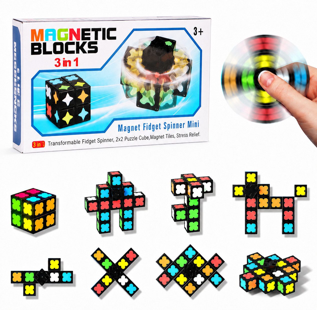Fyrove Magnetbausteine, Magnetspielzeug, Anti Stress Spielzeug Magnetspielbausteine, (Spar-Set, 1 St., 8 Magnetbausteine + 1 Fidget Spinner + 1 LED-Licht (10-teilig), LED-Lichteffekt, 8 Magnetbausteine, Drehfunktion, Fidget Toy von Fyrove