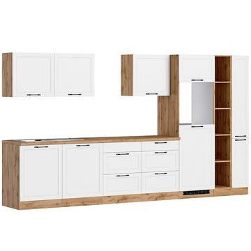 Lomadox Küchenzeile MONTERREY-03, Küchenblock Küchenmöbel, 360cm, weiß mit Eiche