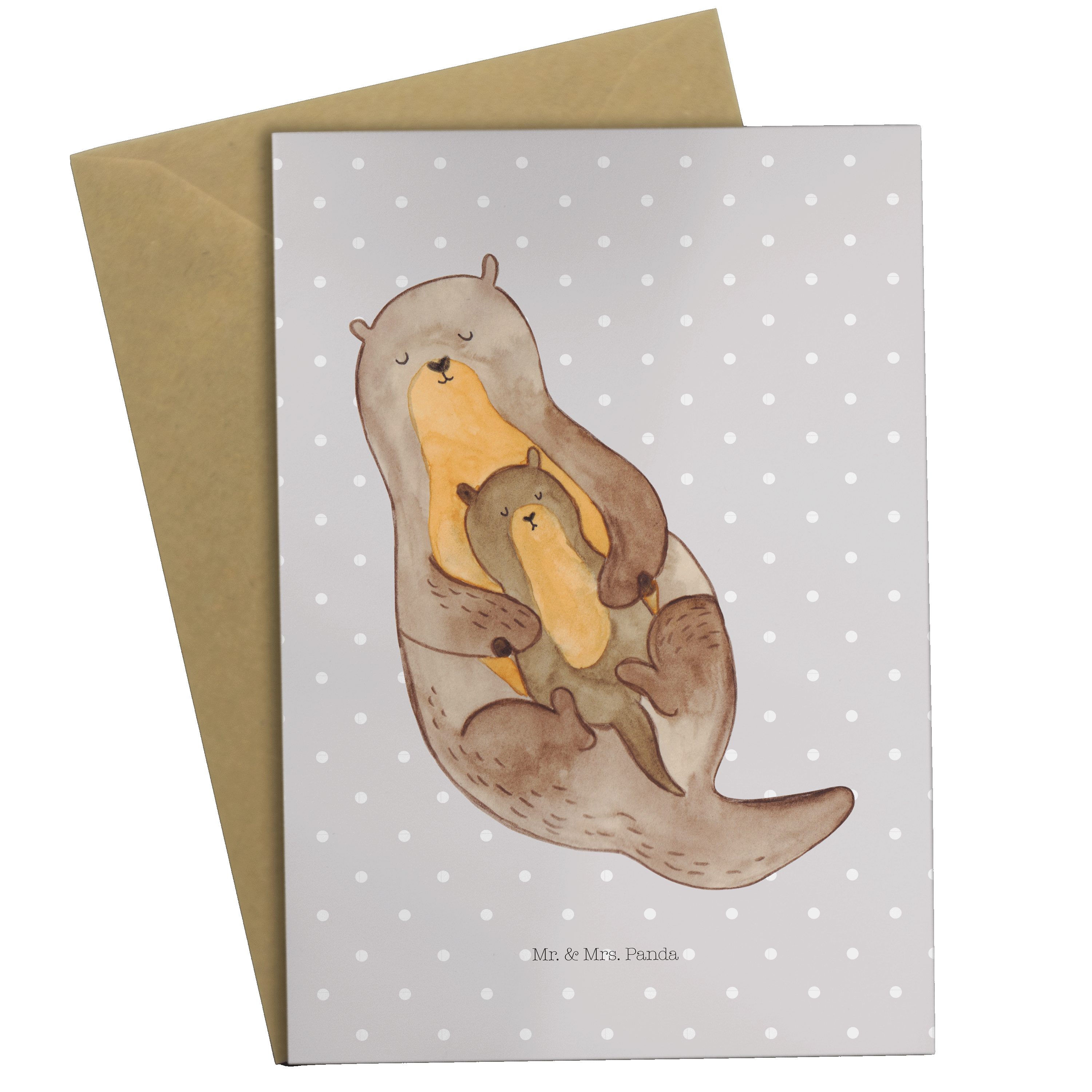 Mr. & Mrs. Panda Grußkarte Otter mit Kind - Grau Pastell - Geschenk, Einladungskarte, Familie, O | Grußkarten
