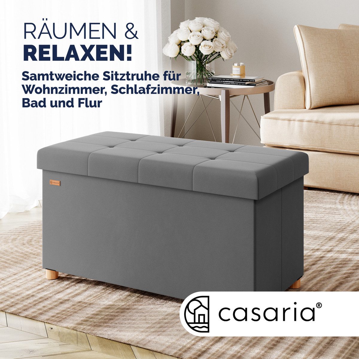 Casaria Sitzbank, Samt Anthrazit Faltbar mit Holzfüßen 76x38cm 300kg Belastbarkeit Flur
