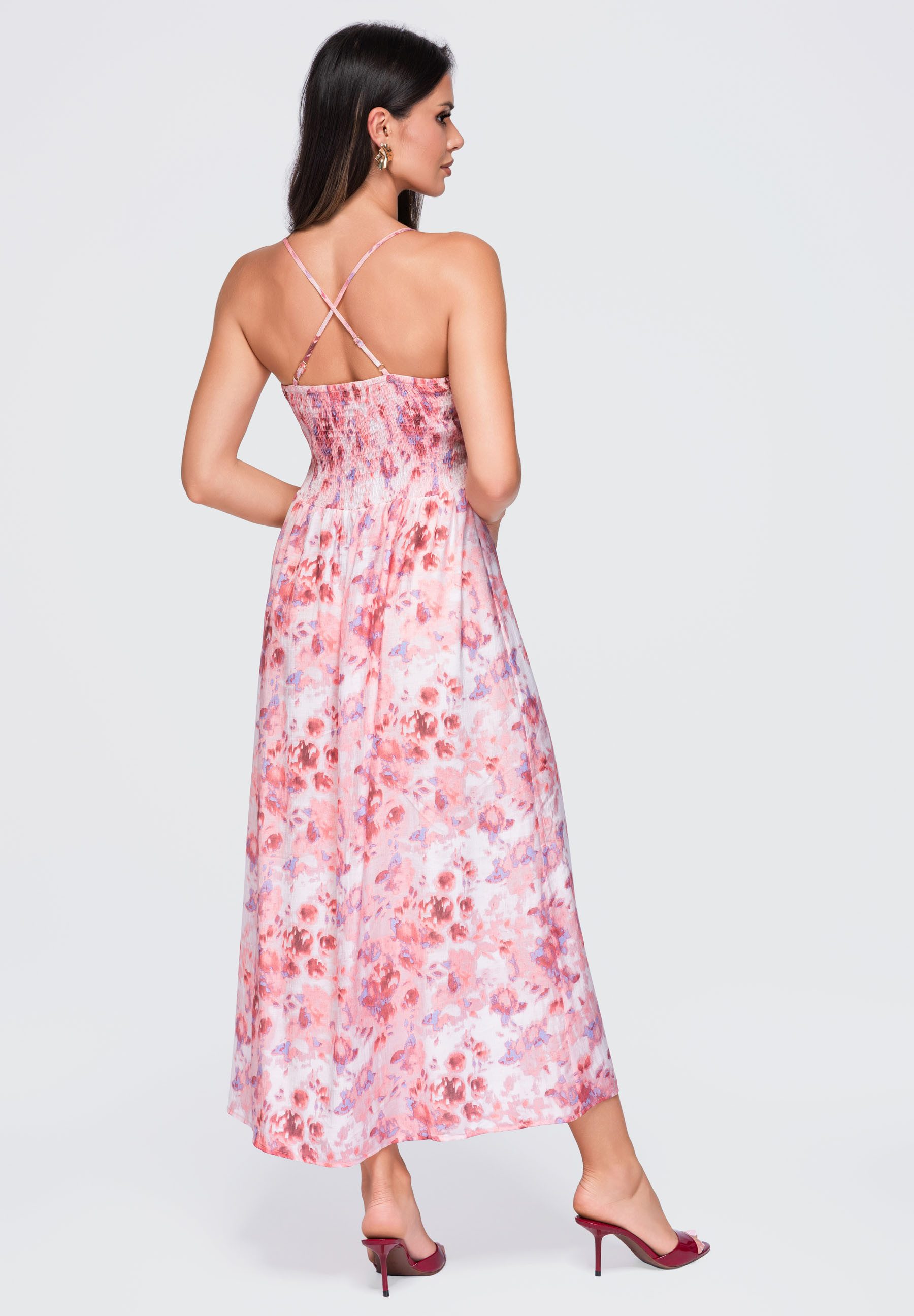OMBRE Maxikleid Damen Maxikleid mit floralem Muster und V-Ausschnitt Pink M (kein Set, 1-tlg)