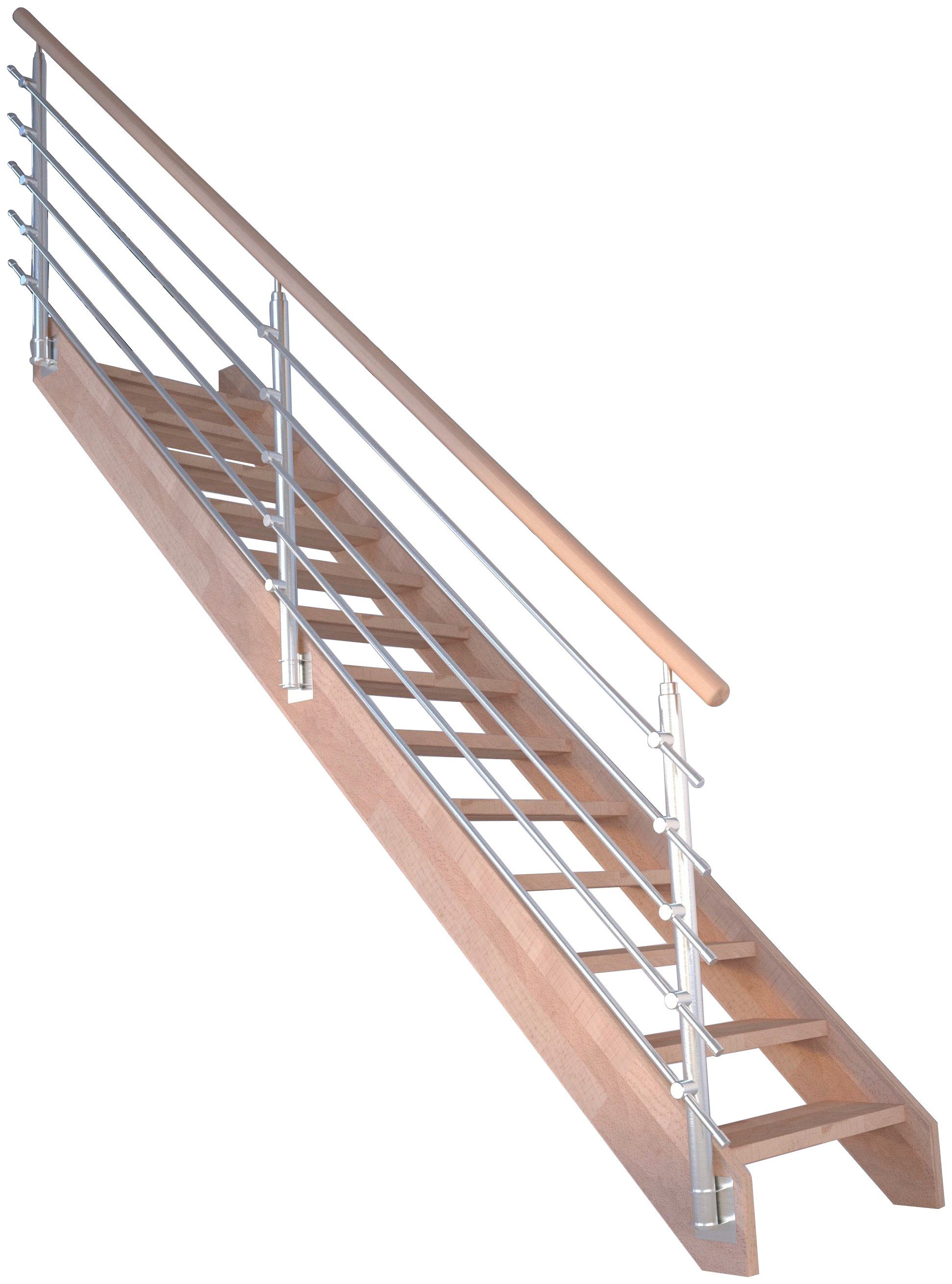 offen, Massivholz Systemtreppe Stufen Starwood Wangenteile 280 Mykonos,Design-Geländer bis Edelstahl, Geschosshöhen Durchgehende für cm,