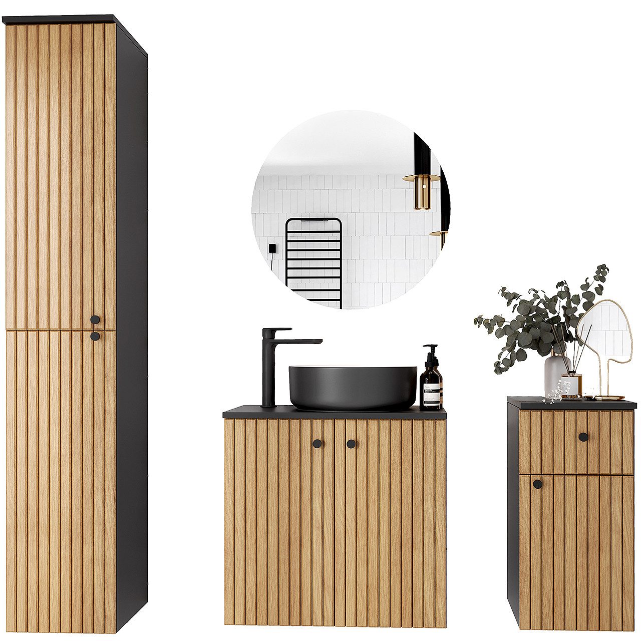 Badezimmer-Set Badmöbel Set ASTRO schwarz / eiche Waschbeckenschrank Spiegel Schränke