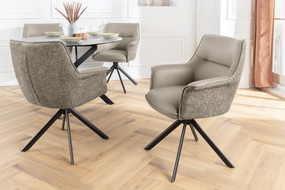 riess-ambiente Drehstuhl LE GRAND taupe – Echtleder, Strukturstoff, 180° drehbar, mit Armlehne (Einzelartikel, 1 St), mit Metallgestell & Auto-Return-Funktion – ideal für Deinen Esstisch