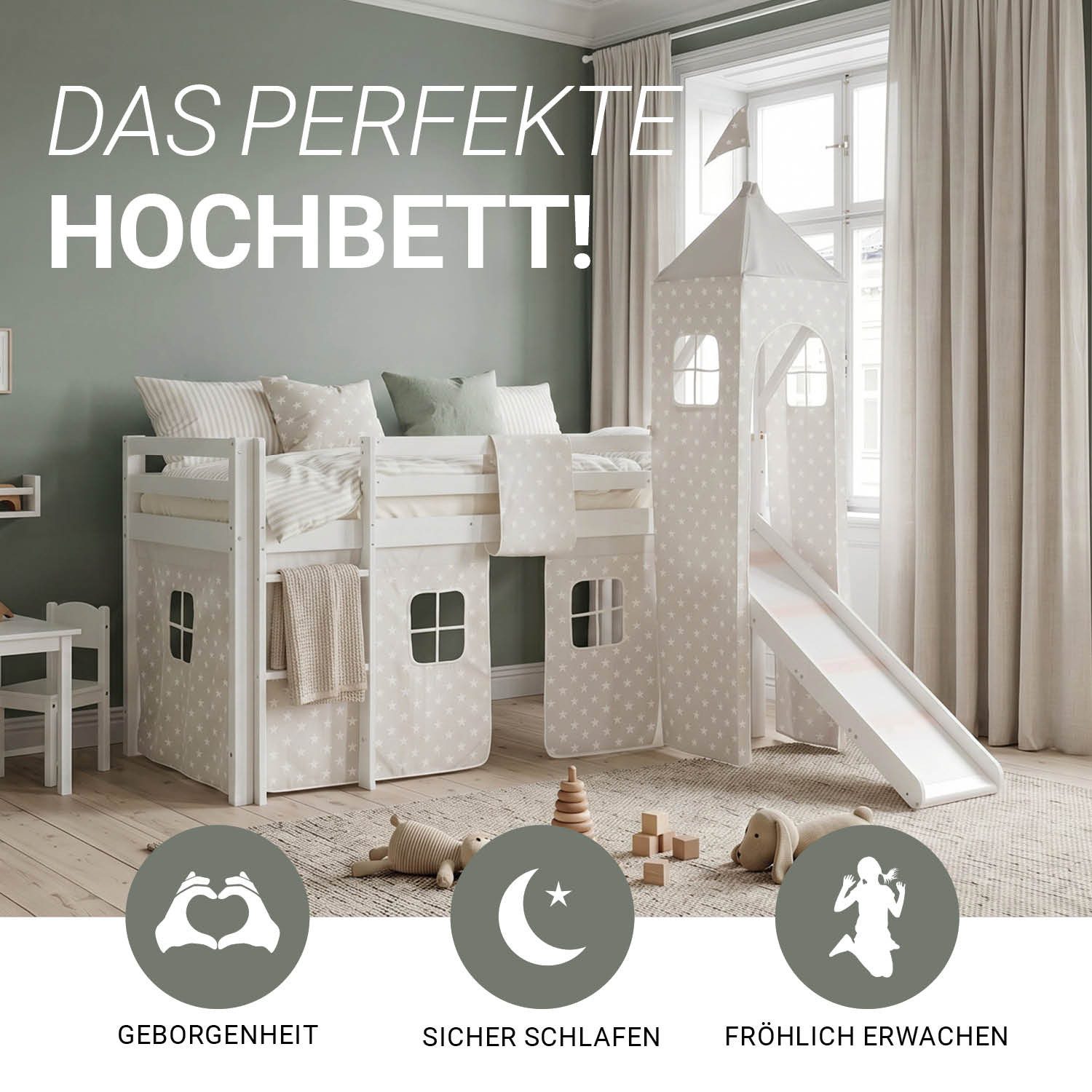 Homestyle4u Hochbett 90x200 Weiß mit Vorhang Sterne Grau für 1 Kind Kiefer Massiv Kinder (Komplett-Set mit Lattenrost, mit Rutsche, mit Turm, Matratze mit OEKO-TEX® Standard 100) Junge, Mädchen, Spielbett