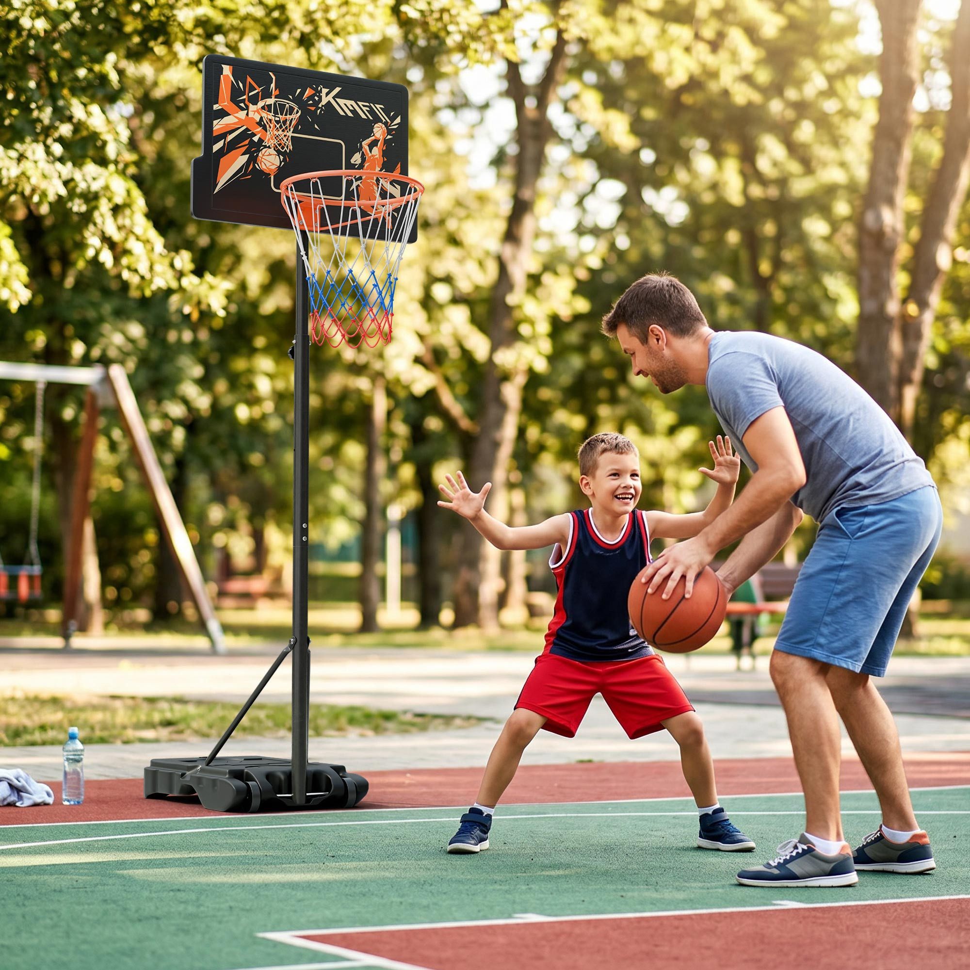KM - Fit Basketballkorb Basketballständer höhenverstellbar mobil mit Rollen 110-210 cm (Basketballständer 110-210 cm), stabiler Standfuß, wetterfest und ideal für Outdoor-Nutzung