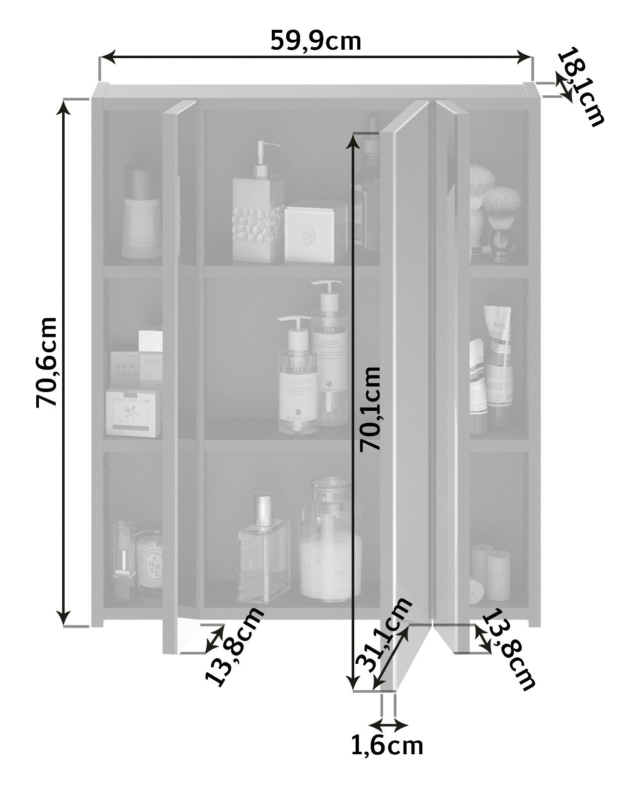 xonox.home Badezimmerspiegelschrank 9 70 Spiegelschrank Fächer (Bad x in 60 schwarz, 3-türig, cm) Linus
