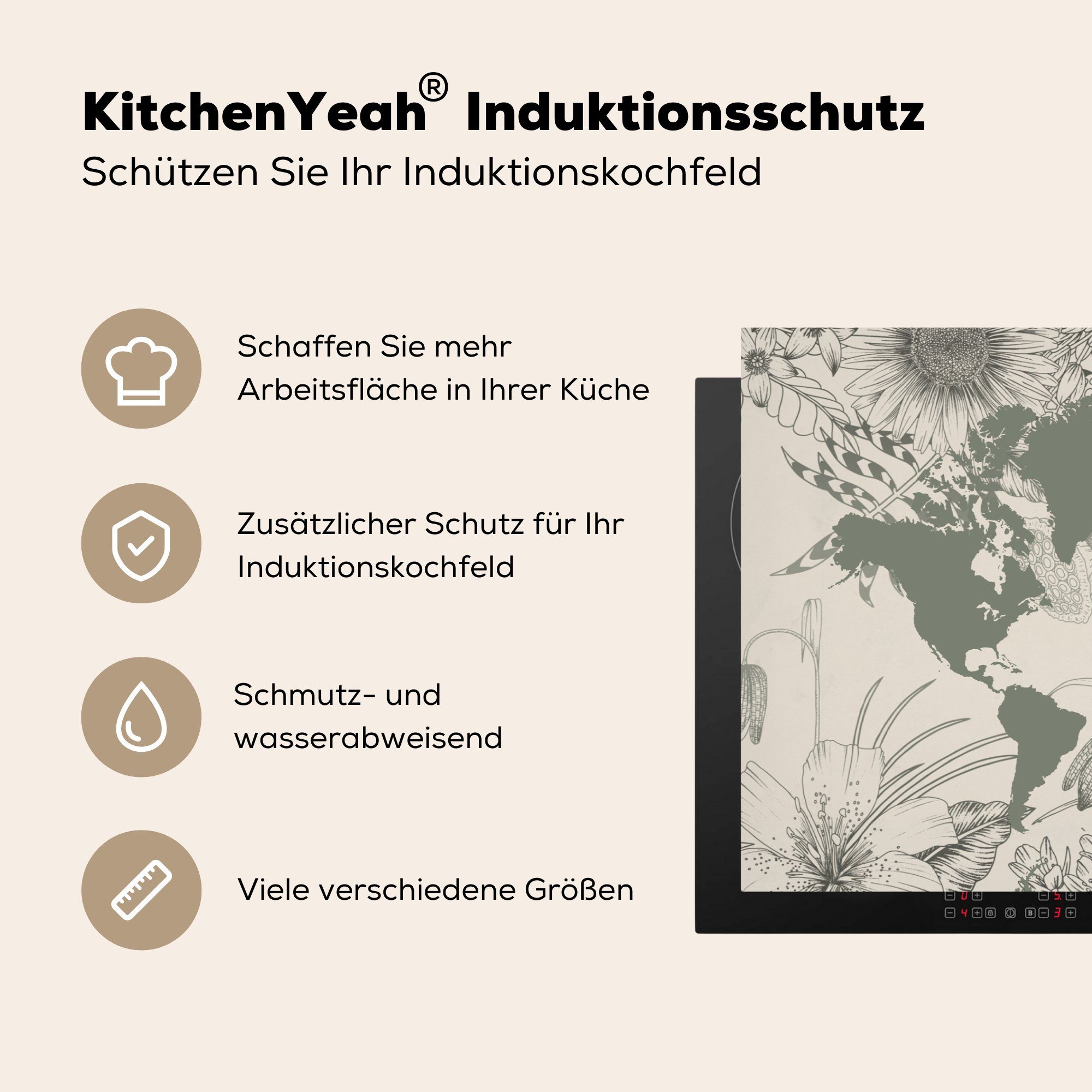 cm, MuchoWow - Induktionskochfeld Weltkarte Herdblende-/Abdeckplatte für (1 Vinyl, Blumen, Ceranfeldabdeckung küche, die Grau tlg), - Schutz 81x52