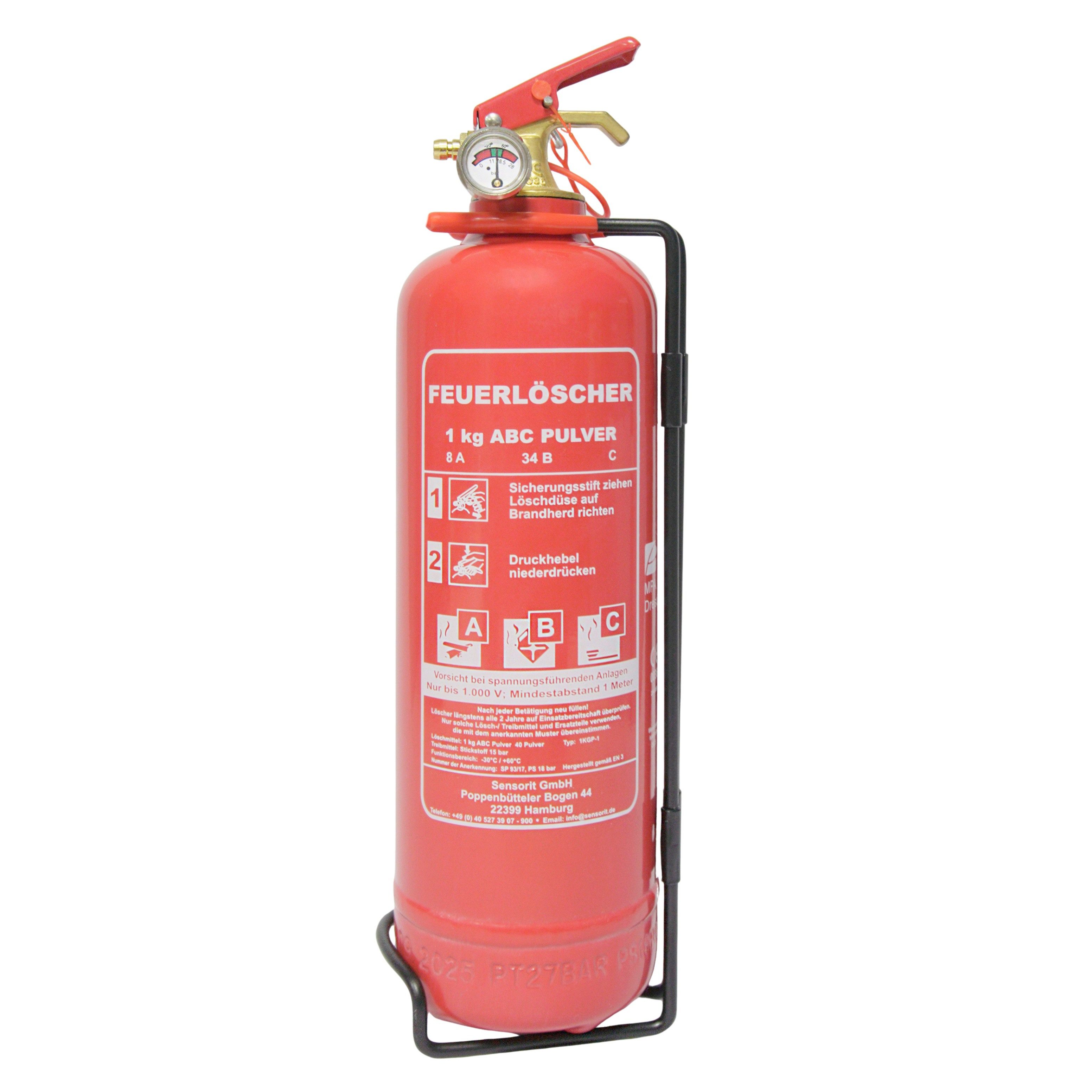 Sensorit Pulver-Feuerlöscher 1kg Feuerlöscher, Autolöscher mit Halterung und Instandhaltungsschild, Pulver, (1-St)