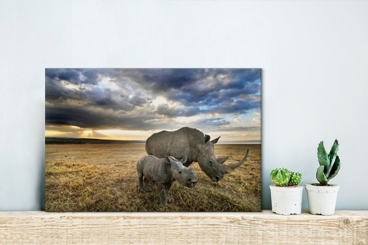 OneMillionCanvasses® Leinwandbild - Wanddeko, Rhinozeros (1 - cm Leinwandbilder, 30x20 St), Kalb Tiere, Aufhängefertig, Wandbild