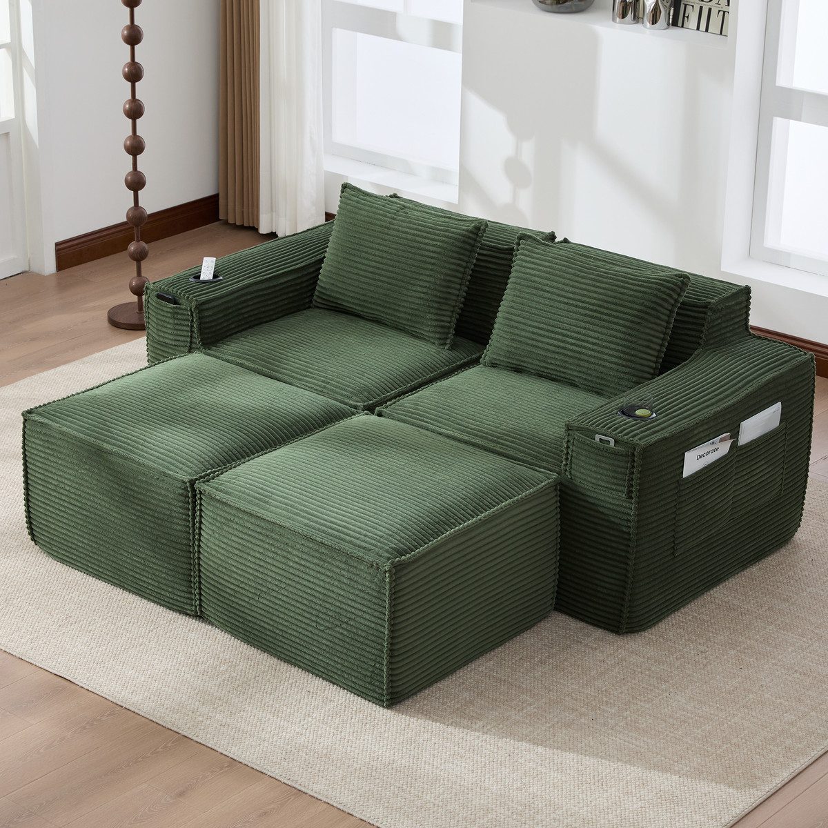 Odikalo Sofa Modulares Sofa mit Getränkehaltern, Seitentaschen, Cord, mit 2 Hockern: Federkern und hochdichter Schaumstoff – formstabil, komprimiert verpackt, montagefrei. Ideal für Wohnzimmer und Apartments