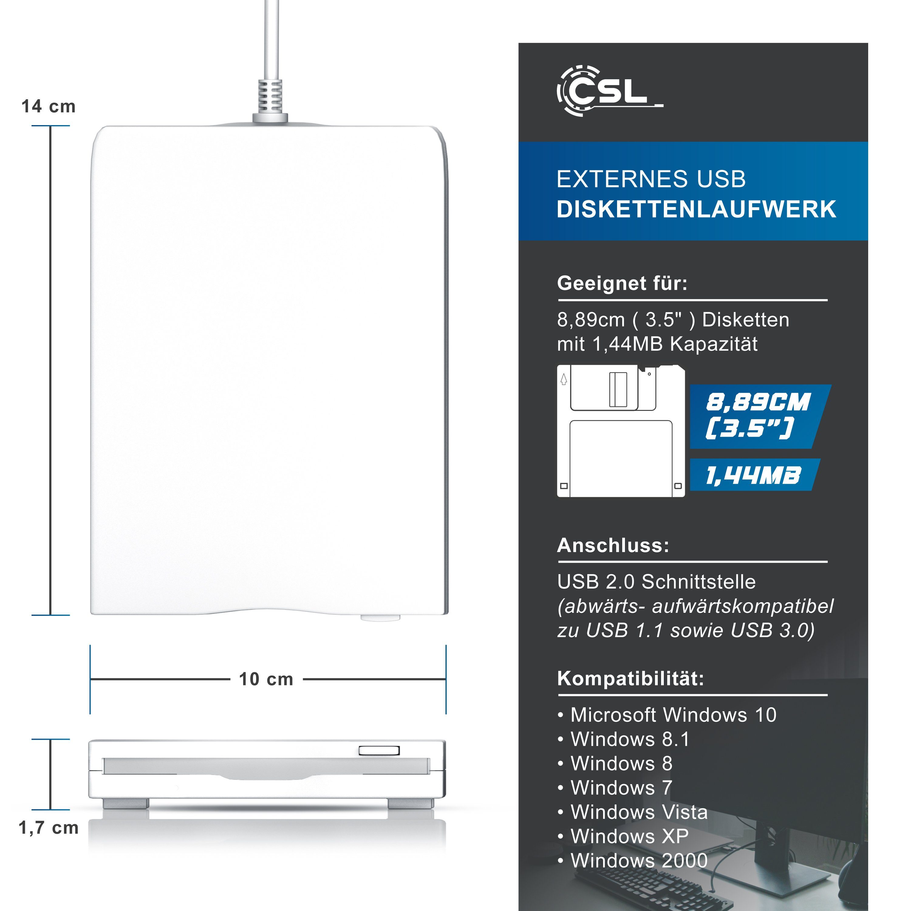 CSL Externes USB Diskettenlaufwerk FDD 1,44MB (3,5) geeignet für PC & MAC Diskettenlaufwerk (USB 1.1, USB 2.0 Schnittstelle (abwärts- aufwärtskompatibel), Windows 11 fähig)