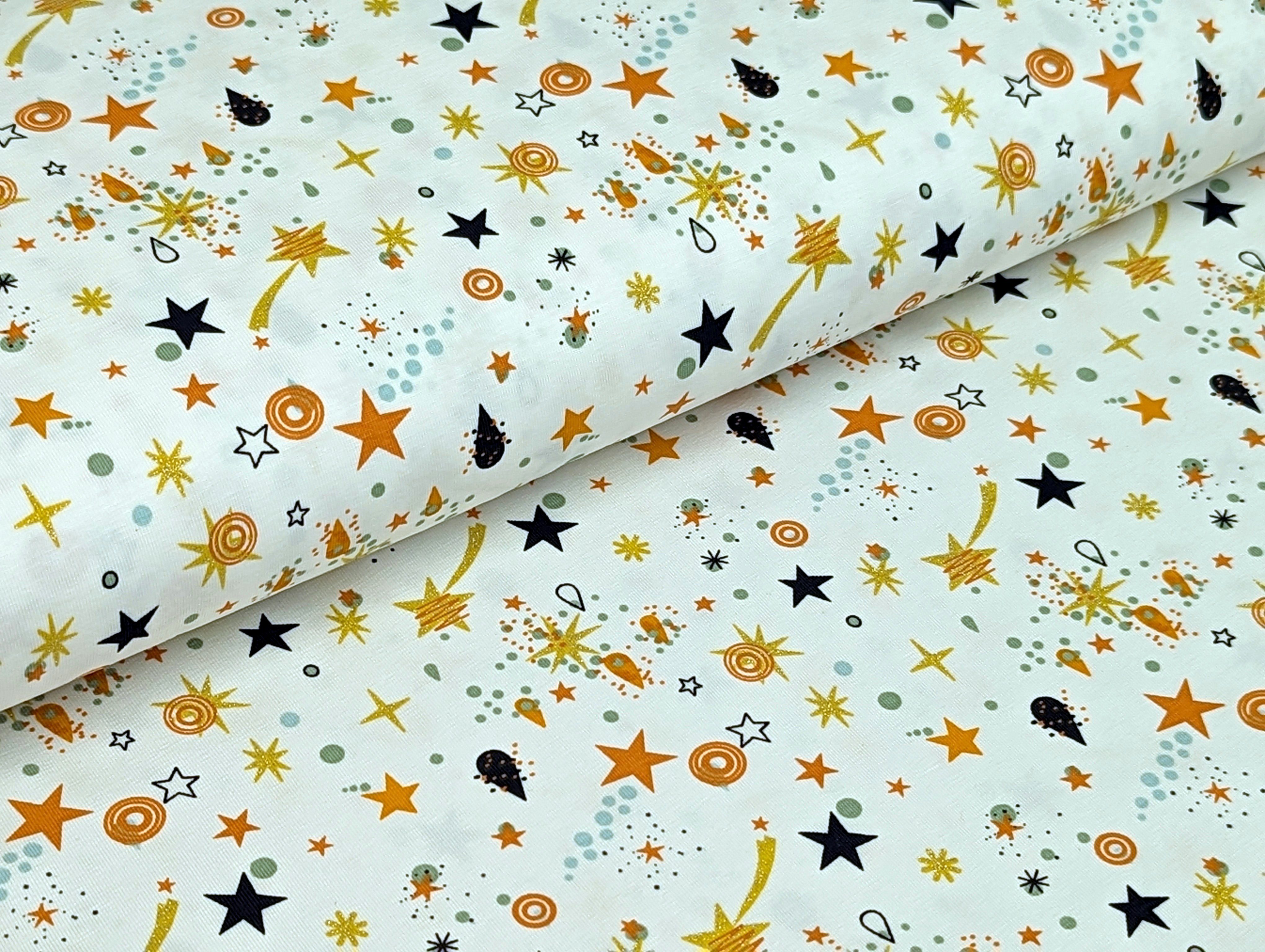 Corileo Stoff Baumwolljersey Sternschnuppen Glitzer Terrakotta Weiß Stoff