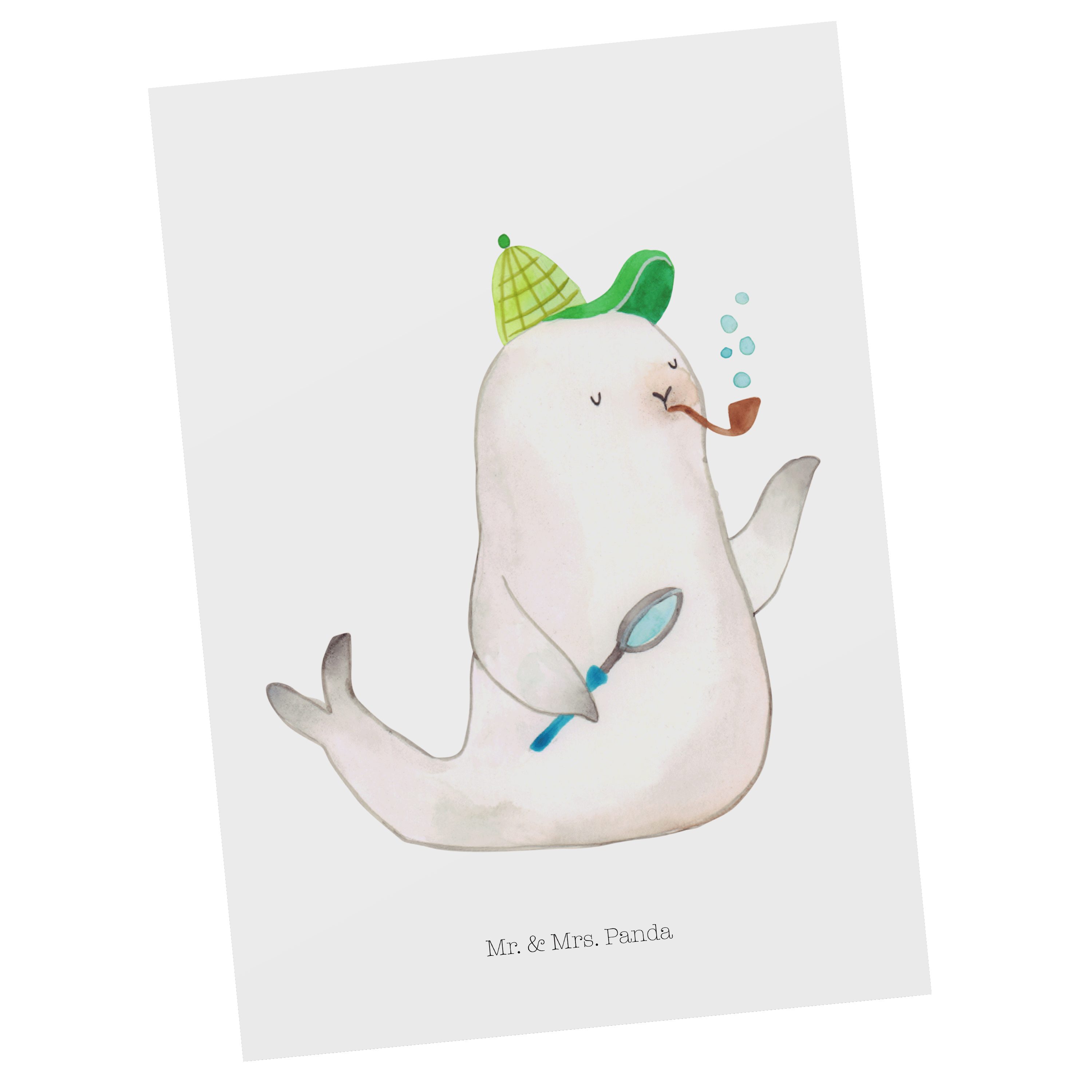 Mr. & Mrs. Panda Postkarte Robbe Sherlock - Weiß - Geschenk, Geschenkkarte, lustige Sprüche, Ein