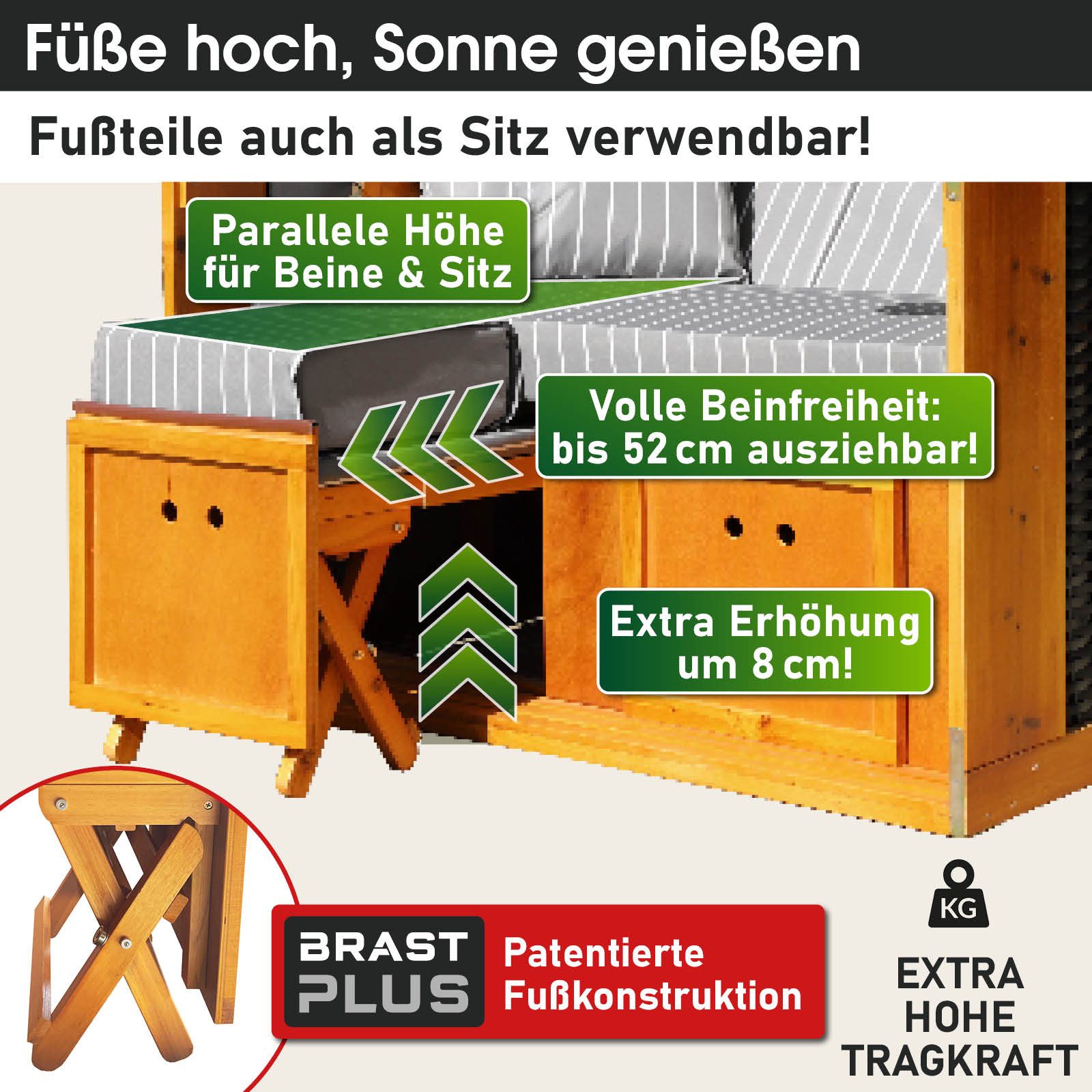 BRAST Strandkorb für 2 Personen, 120cm breit, 5 Designs, BxTxH: 120x79x150 cm, Volllieger, Rügen Deluxe, (verstellbare Rückenlehne weiches Fußkissen), inkl. wetterfeste Abdeckhaube