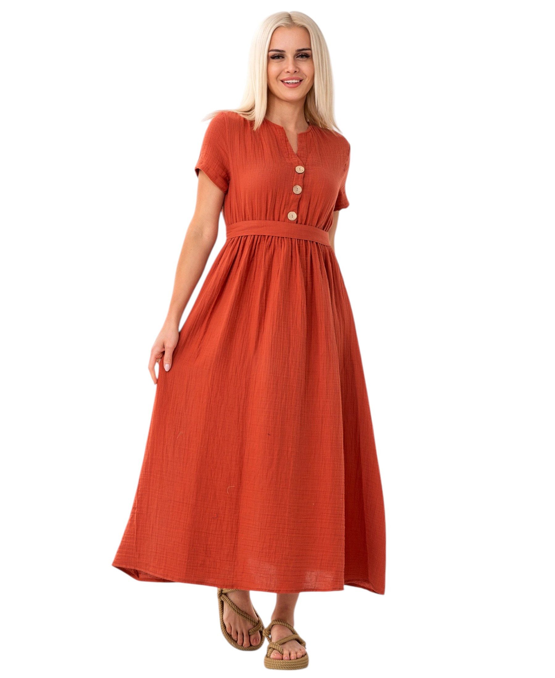 WENOR Sommerkleid Musselin Boho Kleid mit Knopfleiste & Taillenband, Freize günstig online kaufen