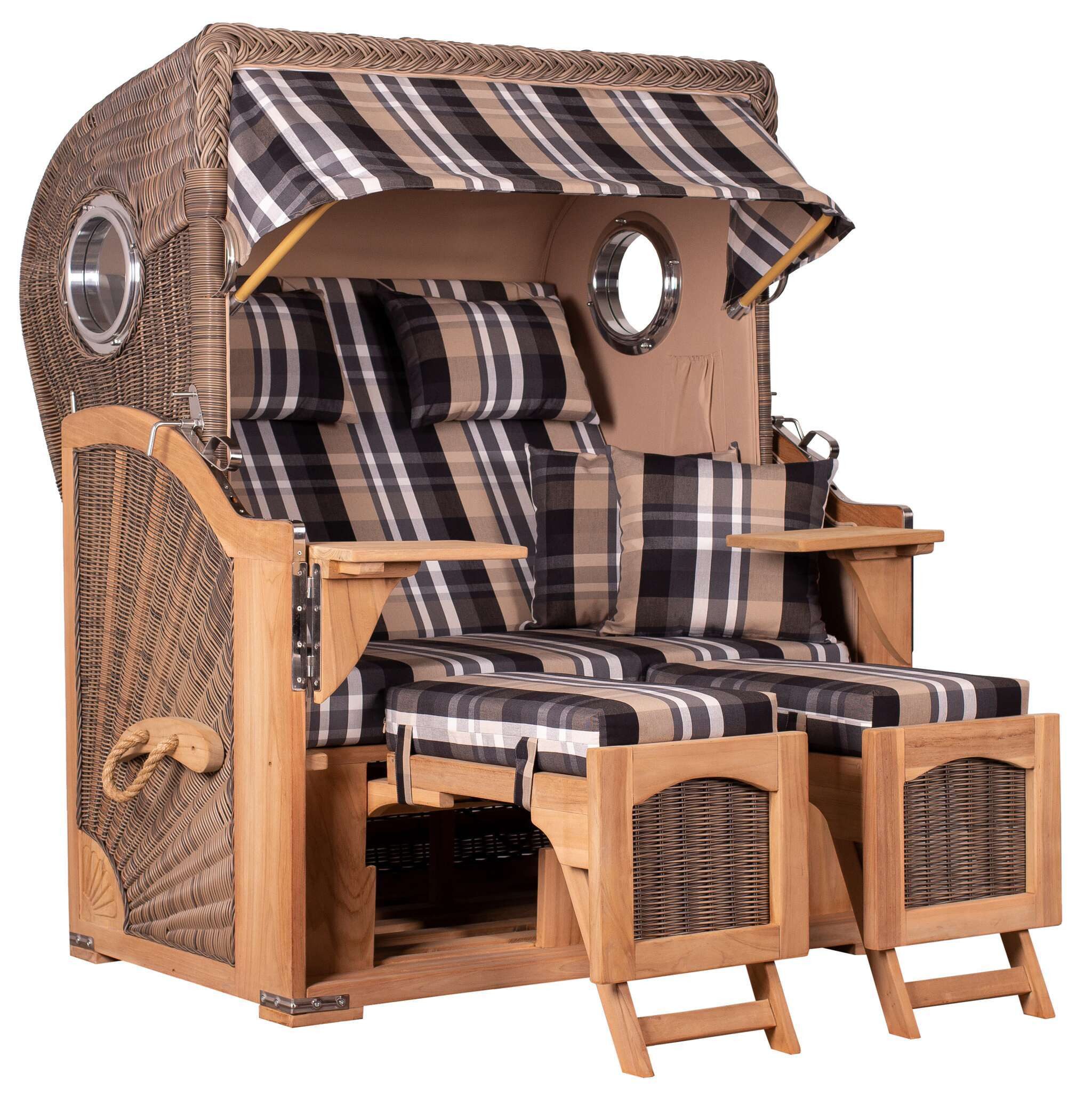 MR.DEKO Strandkorb Düne Bullauge Teak PE Grey Dessin 522, BxTxH: 125x80x170 cm