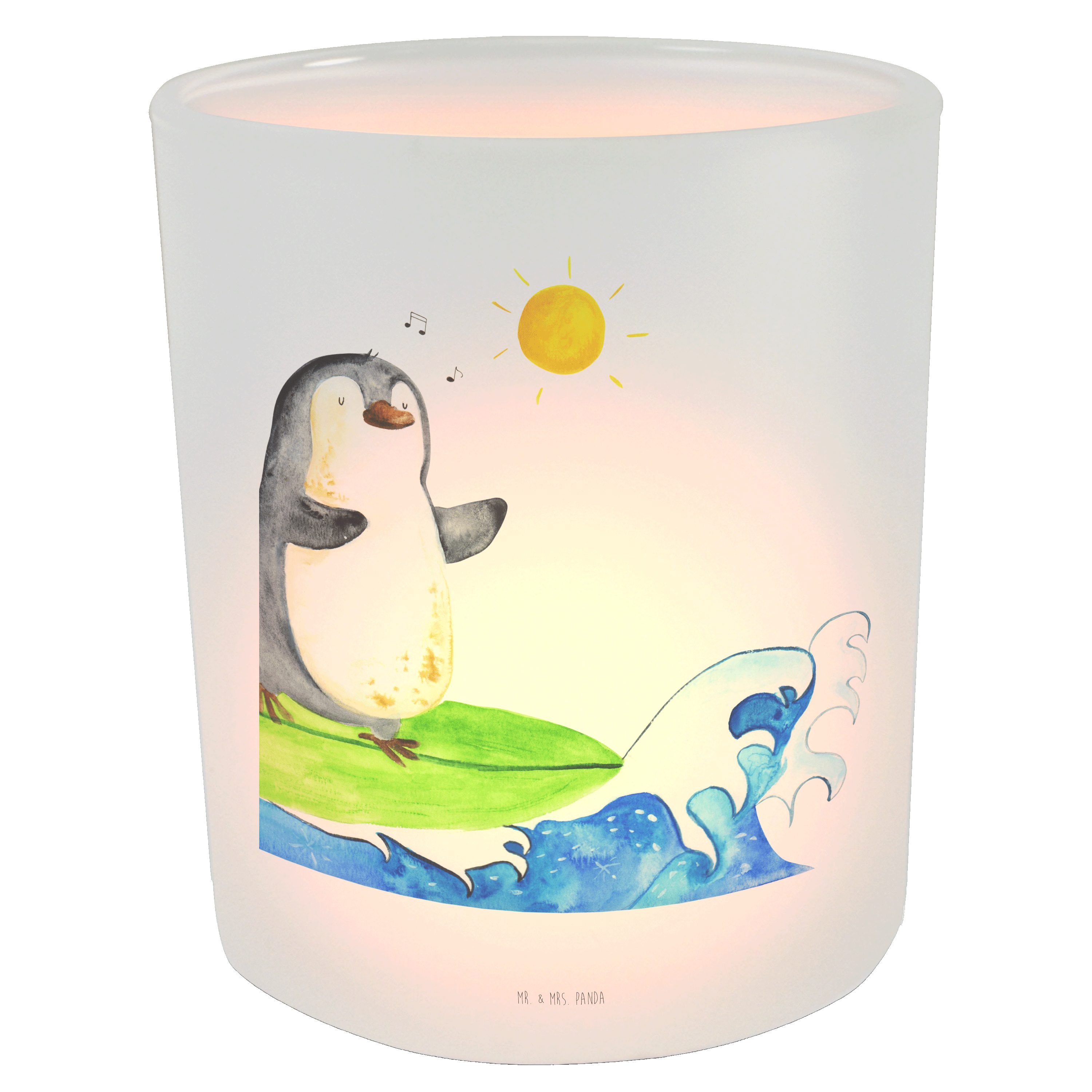 Mr. & Mrs. Panda Windlicht Pinguin Surfer - Transparent - Geschenk, Hawaii, Teelichthalter, Kerz (1 St)