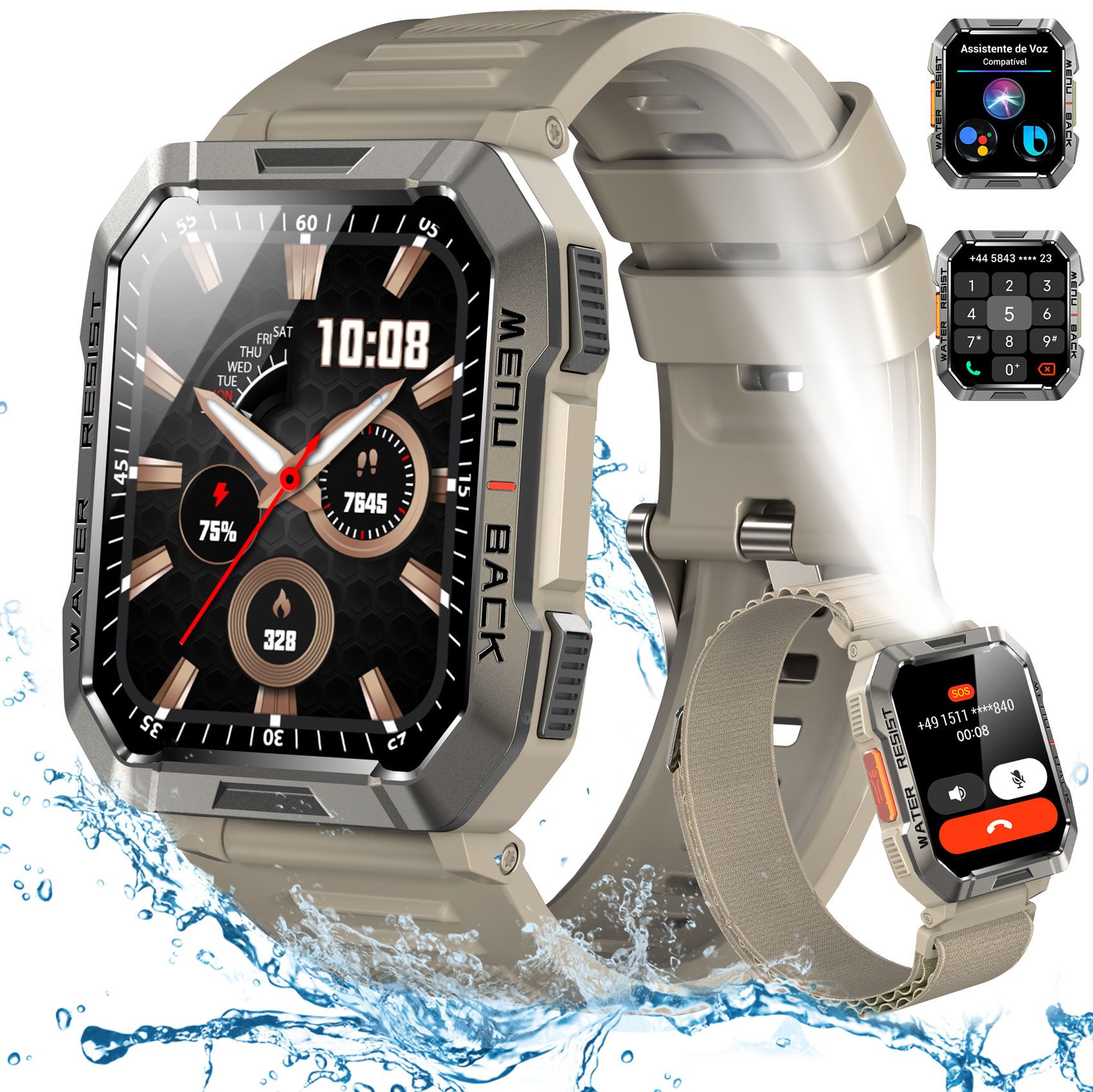 blackview Smartwatch Herren Militär,LEDTaschenlampe/Kompass/2 Armbänders/Outdoor Smartwatch (2.01 Zoll, iOS/Android), 2 Armbänder 1 Ladekabel, Anruffunktion,30Tage Akkulaufzeit,Schrittzähler,Wettervorhersagen,IP68