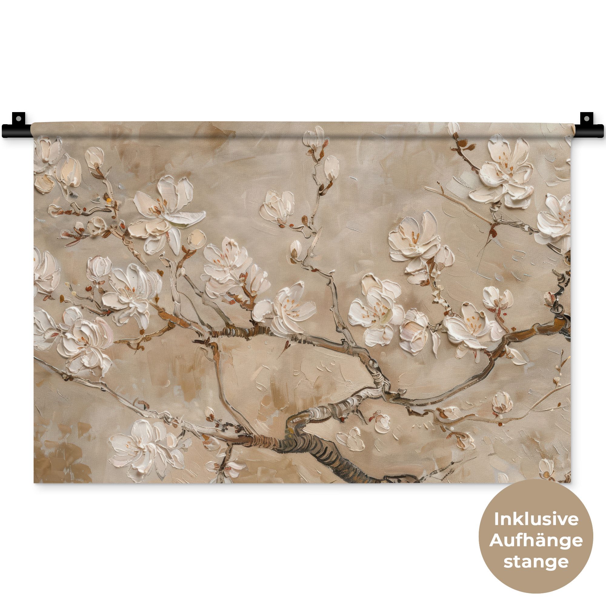 MuchoWow Wandteppich Blumen - Modern - Beige - Weiß - Blüte, Rechteckig, Höhe: 3 mm, Wandteppich für Wohnzimmer, Schlafzimmer, 60x40 cm