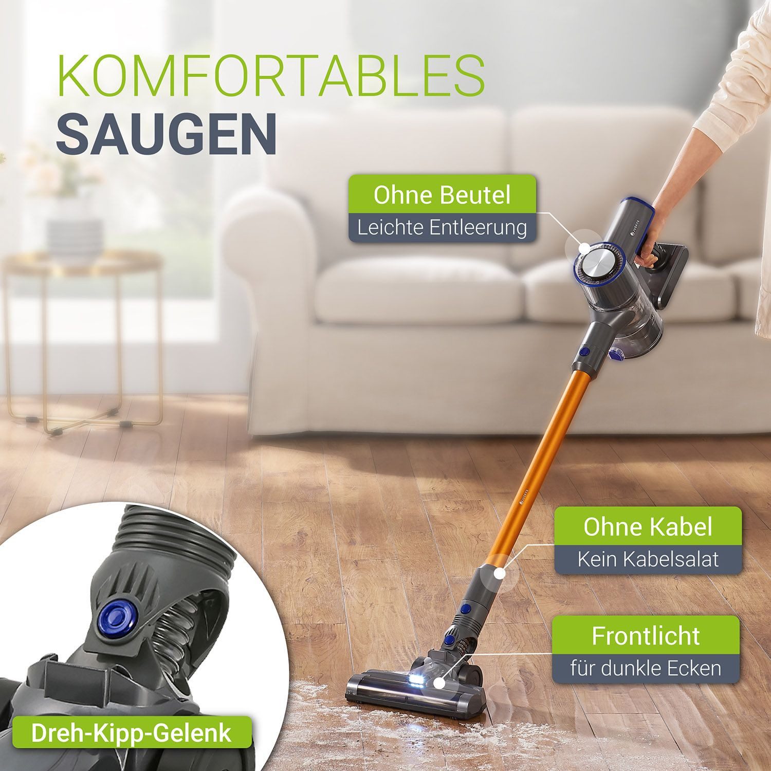 Juskys Akku-Handstaubsauger VC2101, 150 W, 2-in-1, kabellos & beutellos, mit Düsen, Zubehör & Wandhalterung