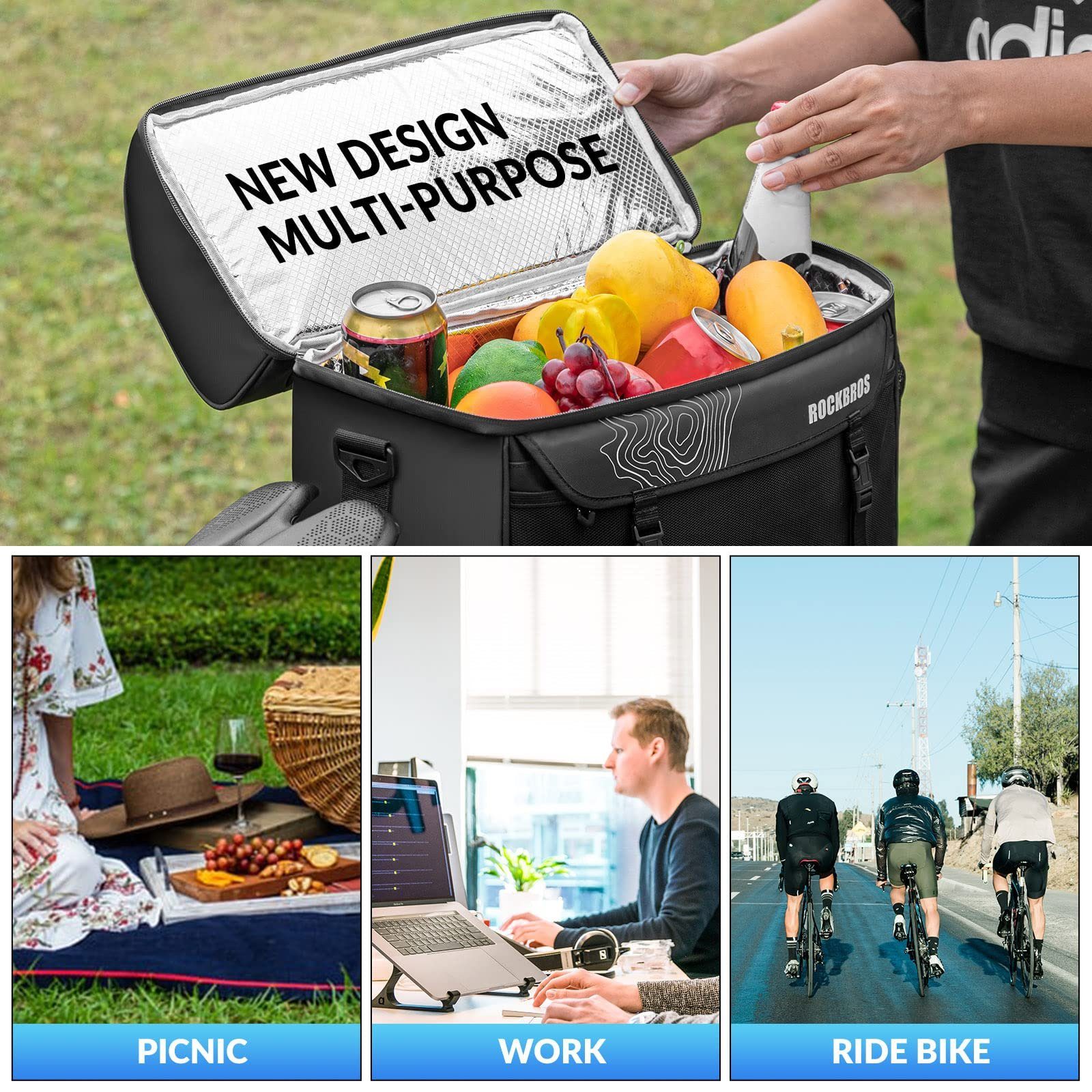 ROCKBROS Gepäckträgertasche 11L Kühltasche Transporttasche mit Schultergurt (Doppel-Fächern Isolierte Lunch Tasche Schwarz)