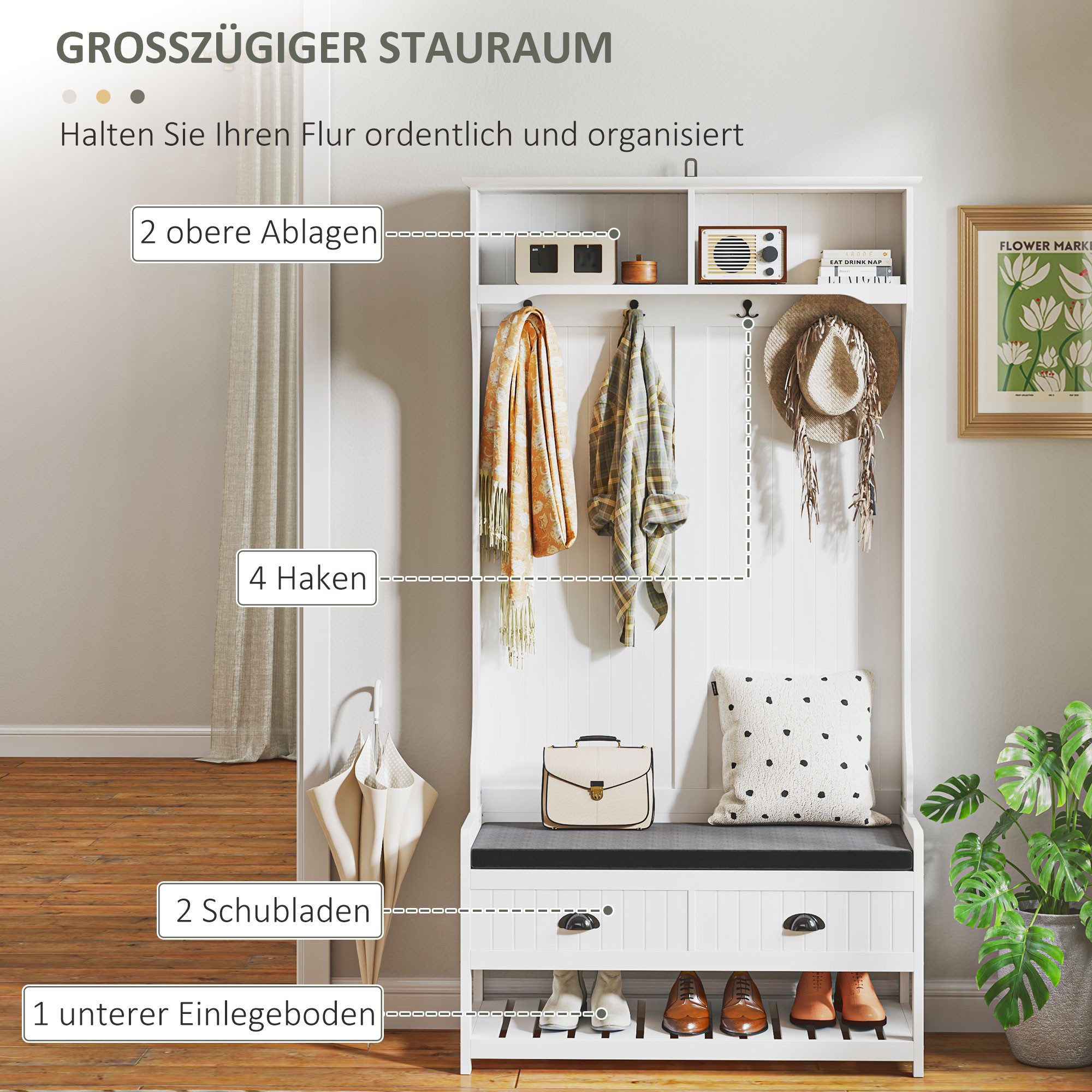 HOMCOM Garderobenständer Schuhbank und Ablagen, Jackenständer mit Schublade, (Kleidungsständer, 1 St., Garderobe), für Eingangsbereich, Flur, Schlafzimmer, Weiß – Bild 4 von 5