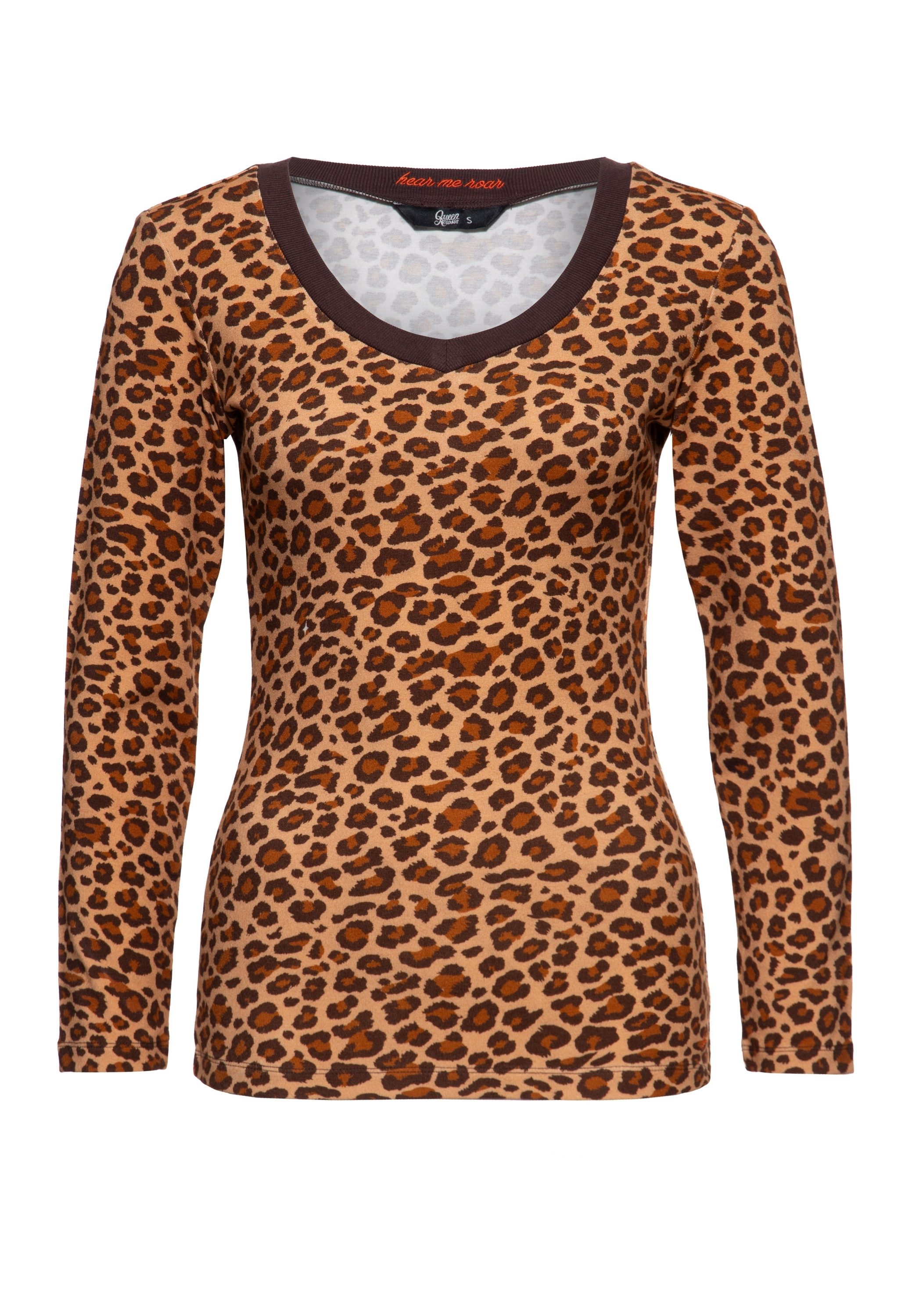 QueenKerosin Langarmshirt Hear Me Roar Allover-Leomuster mit kontrastfarbenem V-Ausschnitt