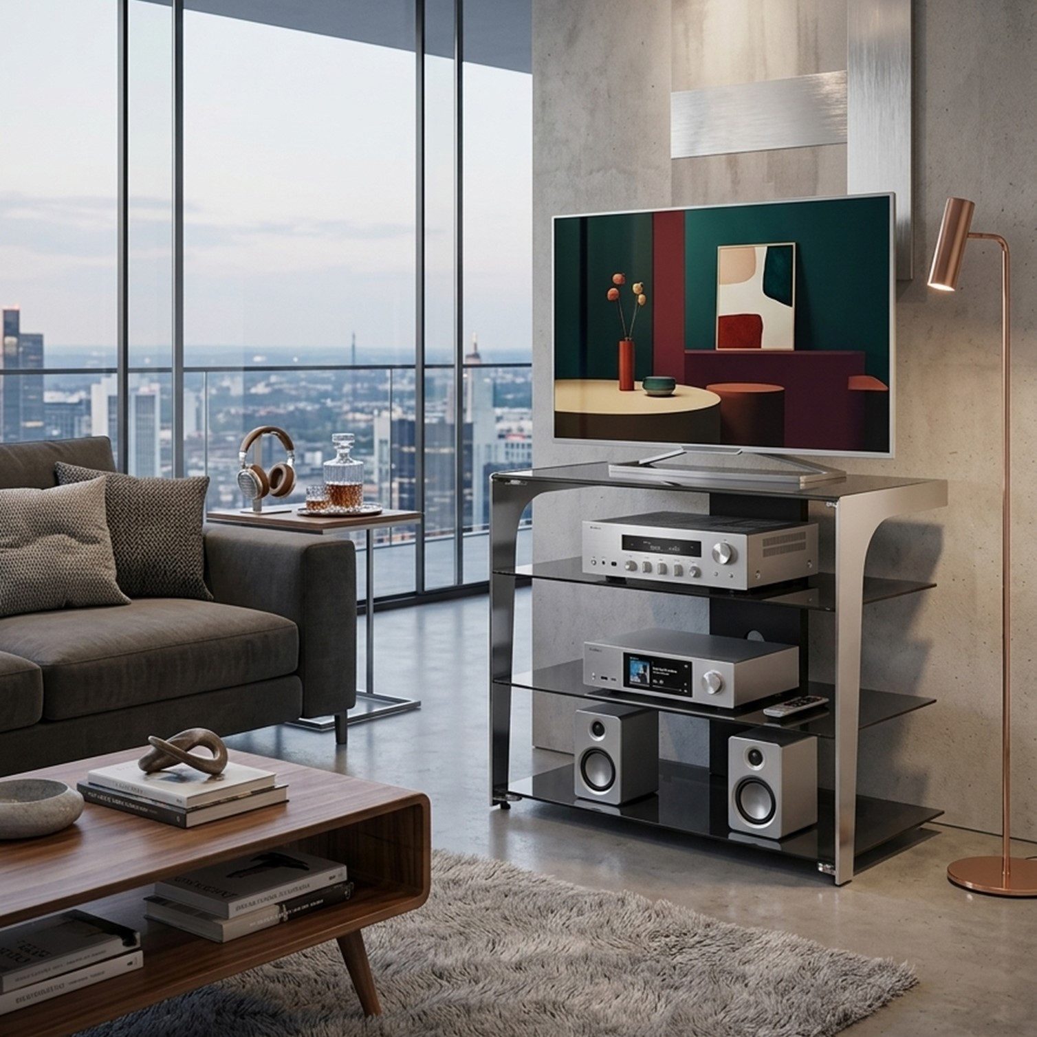 HOOZ TV-Rack TV- & HiFi-Rack Rauchglas Medienrack ESG Kabelmanagement 80x65,8x40cm (Einzelartikel, 1x TV- & HiFi-Rack inklusive Aufbauanleitung), Modernes TV- & HiFi-Rack mit Rauchglas und Kabelmanagement