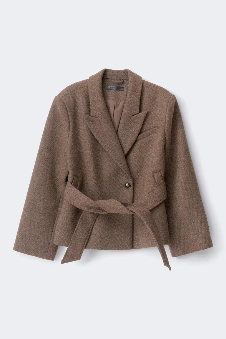 Gina Tricot Wolljacke Herringbone short coat - Elegante Wolljacke mit Bindegürtel