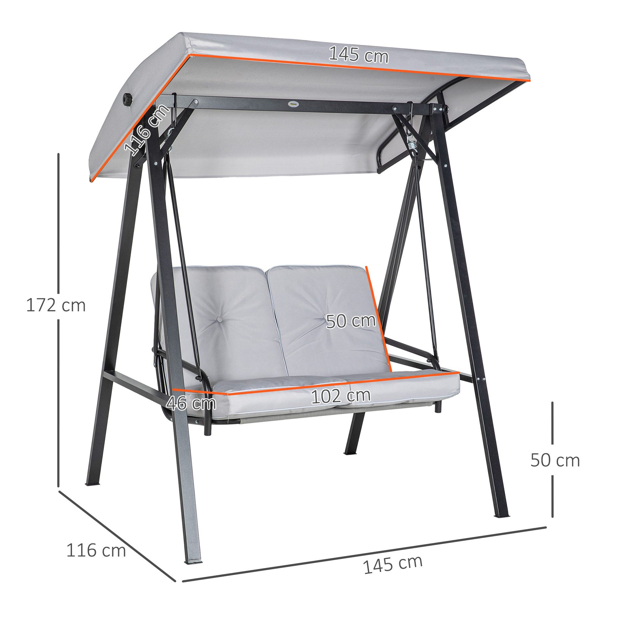 Outsunny Hollywoodschaukel mit Verstellbarem Dach, Kissen, 2-Sitzer, Verstellbares Dach, Schaukelbank, 1 tlg., Gartenschaukel, bis 220 kg Belastbar, für Garten, Balkon, Grau, 145 x 116 x 172 cm