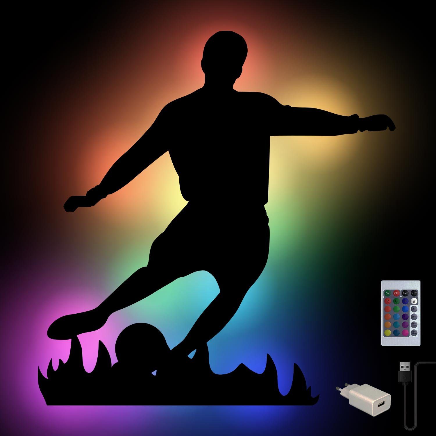 Namofactur LED Wandleuchte RGB Lampe 'Fußball Spieler' Wanddeko, LED fest integriert, Farbwechsler, Fußballer Wand Dekoration aus Holz Unbehandelt