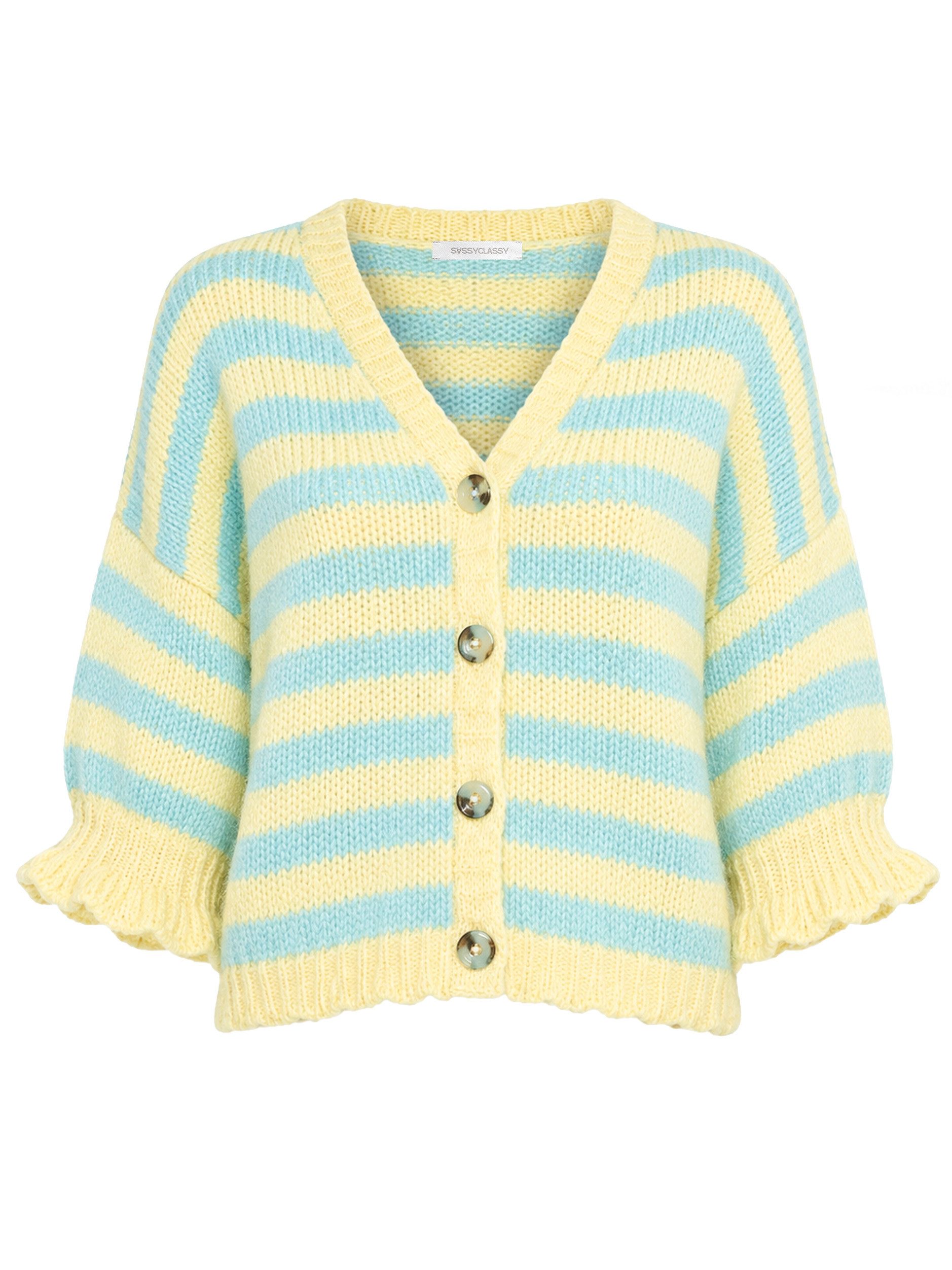 SASSYCLASSY Cardigan Gestreifter Cardigan mit 3/4-Ärmeln für Damen Cozy Cardigan mit Ballonärmeln und Knopfleiste Grau Pink Gelb