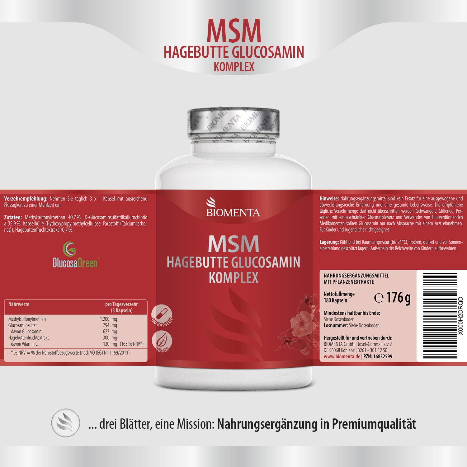 BIOMENTA MSM + Hagebutte + Glucosamin - 180 allergenfreie MSM Kapseln Kapseln, 180 St., 175.3 g