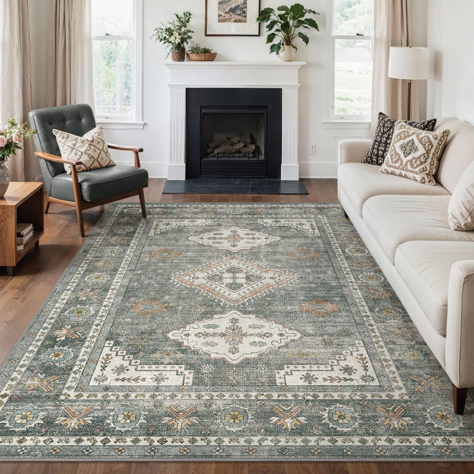 GENIMO Teppich Wohnzimmer Teppich, Boho, Kurzflor, waschbar, rutschfest, rechteckig, 200x290cm, grau