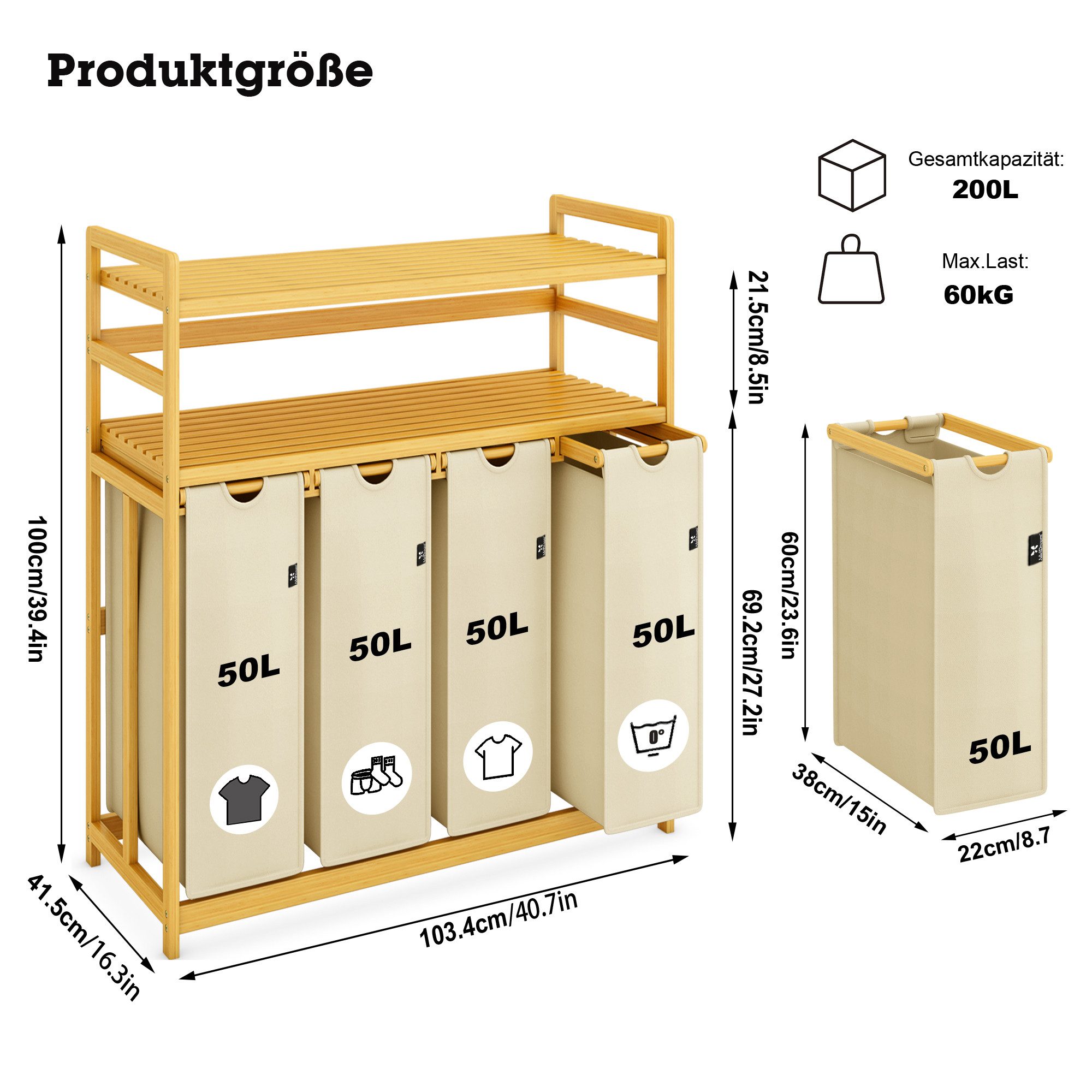 AdelDream Wäschekorb 200L Wäschesortierer mit Regalen 4 Fächer 2 Ablagen Wä günstig online kaufen