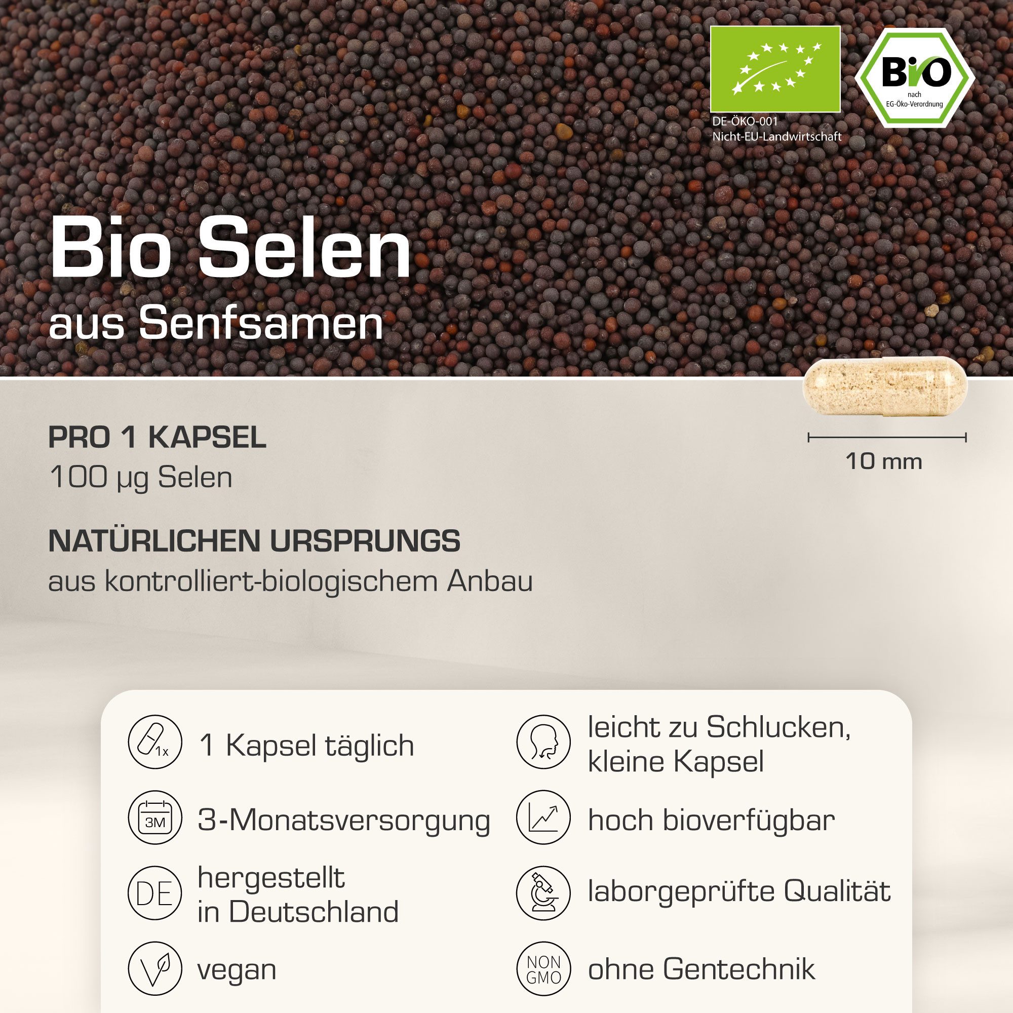 Purabyo BIO Selen Kapseln, 100 µg pro Kapsel, aus Bio Senfsamen, im Glas Kapseln, 1 er 90 St., 36 g
