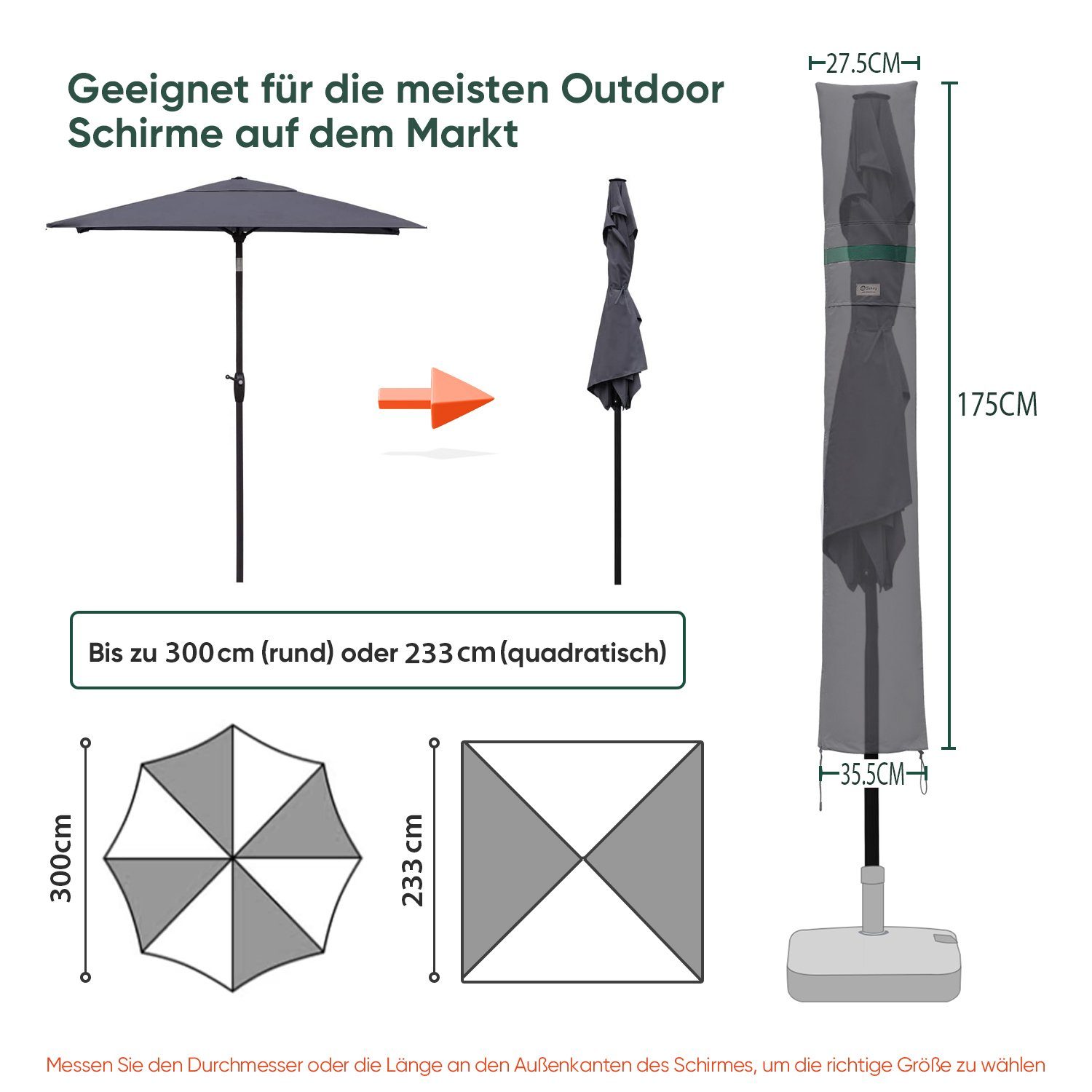 Sekey Sonnenschirm-Schutzhülle Balkonschirm Abdeckhauben mit Ø 300 bis bis für 300 eckige cm cm, Sonnenschirme 233 Sonnenschirme bis zu zu cm, Ø und Dunkelgrau Reißverschluss, Stab