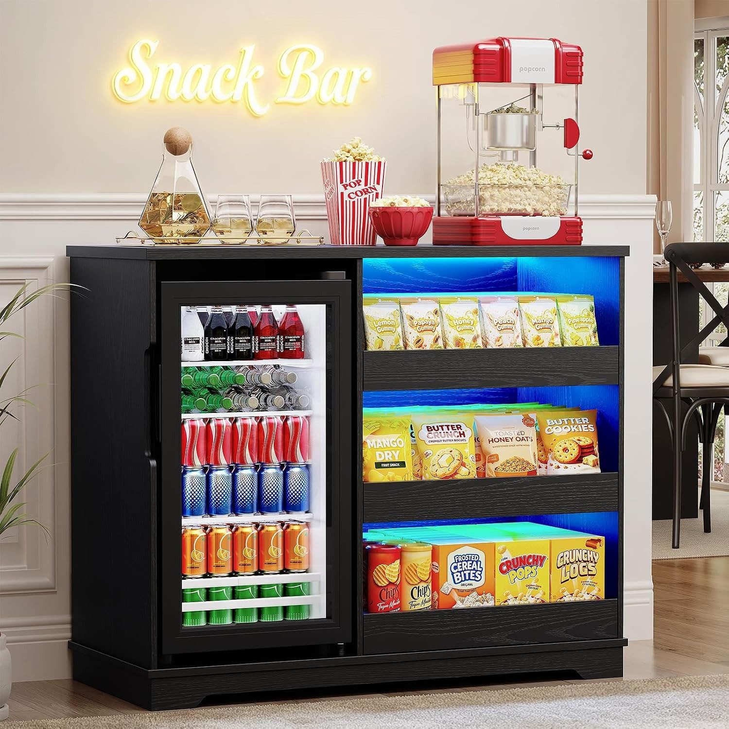 BROTTAR Kühlschrank Snackschrank - Kaffeebar mit Kühlschrank, LED-Beleuchtung BC-92S, 83 cm hoch, 100 cm breit, mit Stauraum und Bewegungssensor, Schwarz