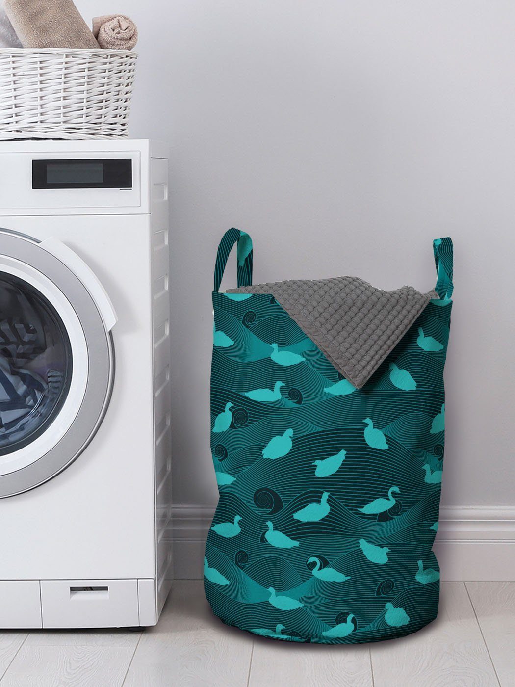 Welle Wäschekorb Vögel Wäschesäckchen für Waschsalons, Abakuhaus Wasservögel mit Kordelzugverschluss Türkisblau Griffen