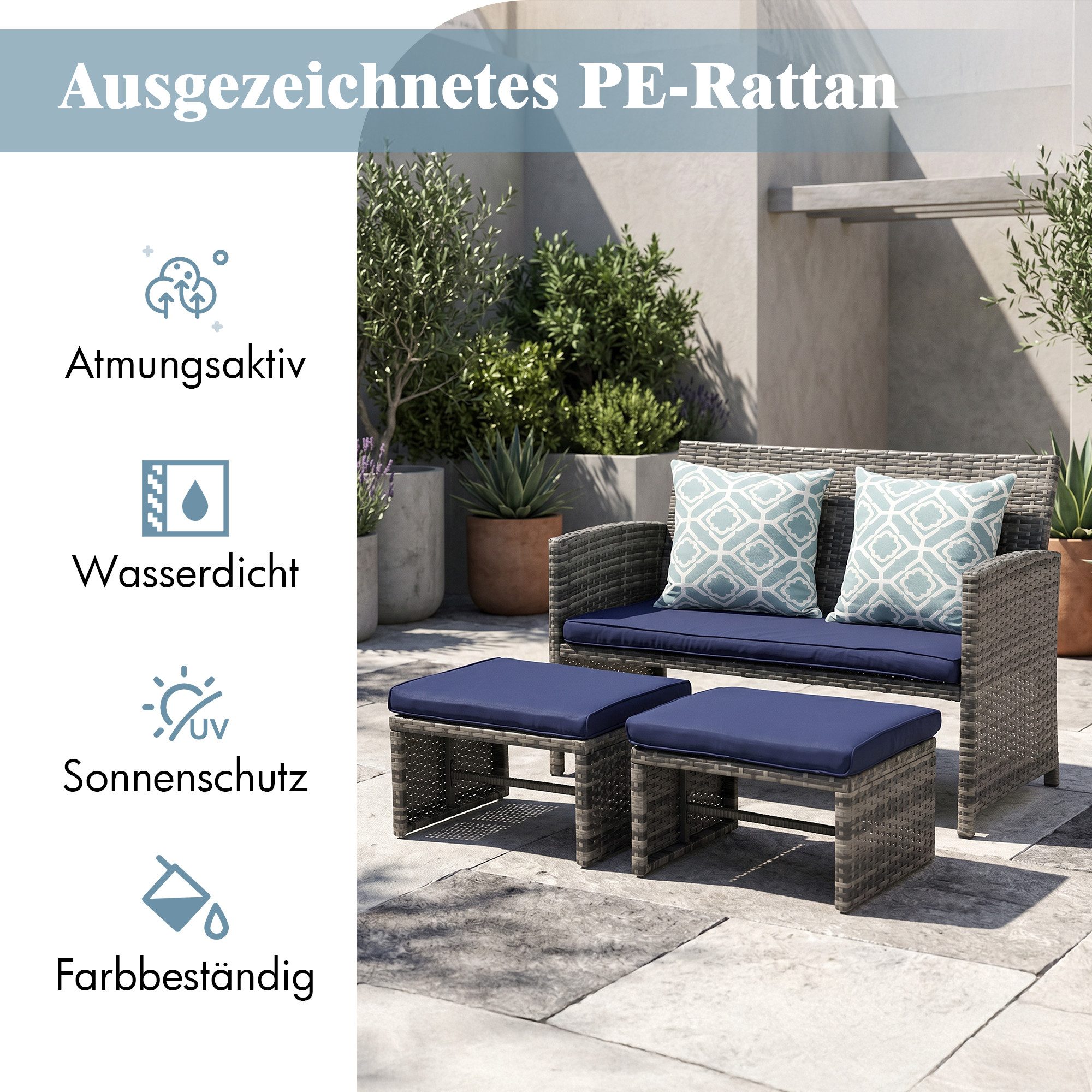 Sunsitt Gartenbank Outdoor Loveseat (3-tlg Terrassenmöbel-Set, Allwetter Rattan Gartenbank mit 2 Hocker), Grau Rattan&Grau Kissen