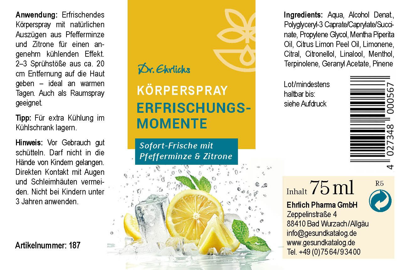 Dr. Ehrlichs Gesundkatalog. Gesichts- und Körperspray Dr. Ehrlichs Körperspray Erfrischungsmomente Kühlspray, Body Splash, kann auch als Raumspray benutzt werden