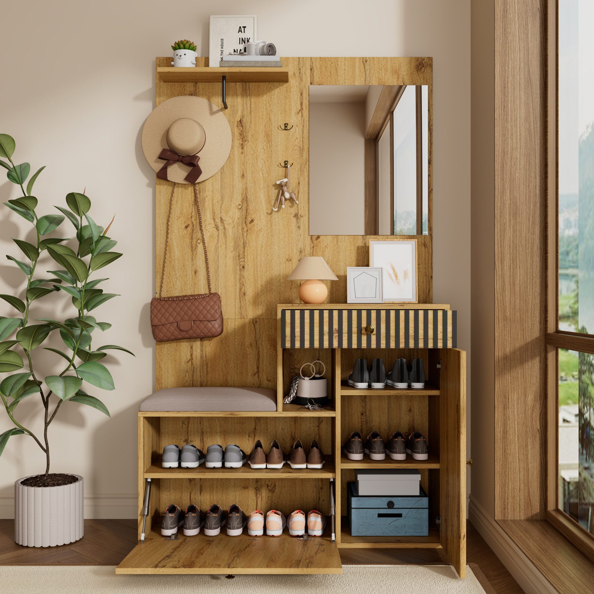 Merax Garderoben-Set mit Spiegel, Schuhschrank & Sitzkissen, (Garderobenkombination Möbelset für Eingangsbereich, 1-St., 110 x 185,5 x 37 cm), Flurgarderobe mit Soft-Close Türen, Regalen, Haken & Schublade