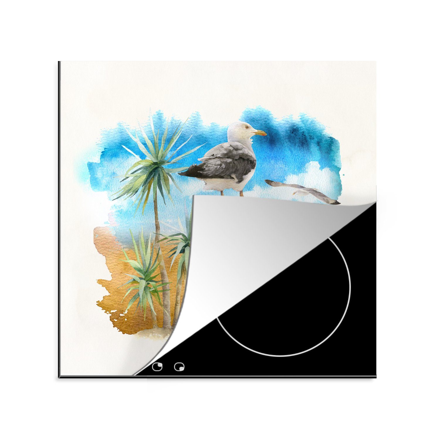 MuchoWow Herdblende-/Abdeckplatte Vogel - Baum - Strand - Aquarell, Vinyl, (1 tlg), 78x78 cm, Ceranfeldabdeckung, Arbeitsplatte für küche