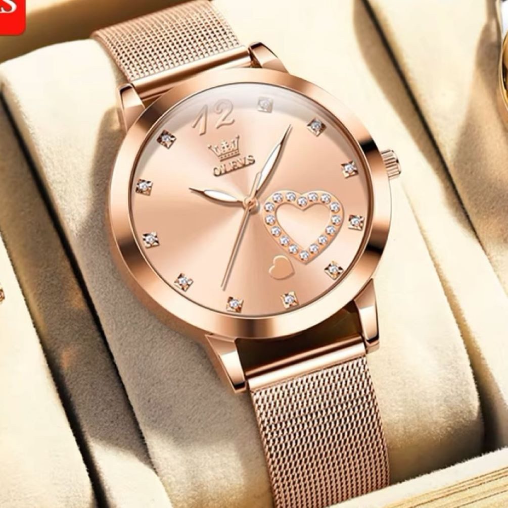 OLEVS Quarzuhr Damenuhr Olevs Roségold mit Herz-Diamant – Glamouröse Schmuckuhr