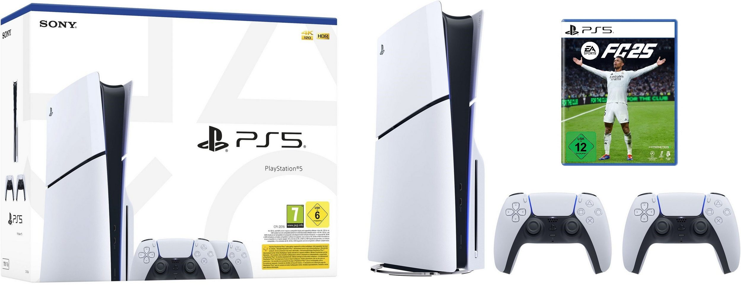 Playstation Playstation 5 Slim + 2 Controller + FC 25 Bundle PS5 Set 1TB, SSD, HDR, Gaming Console mit 2 Kontroller