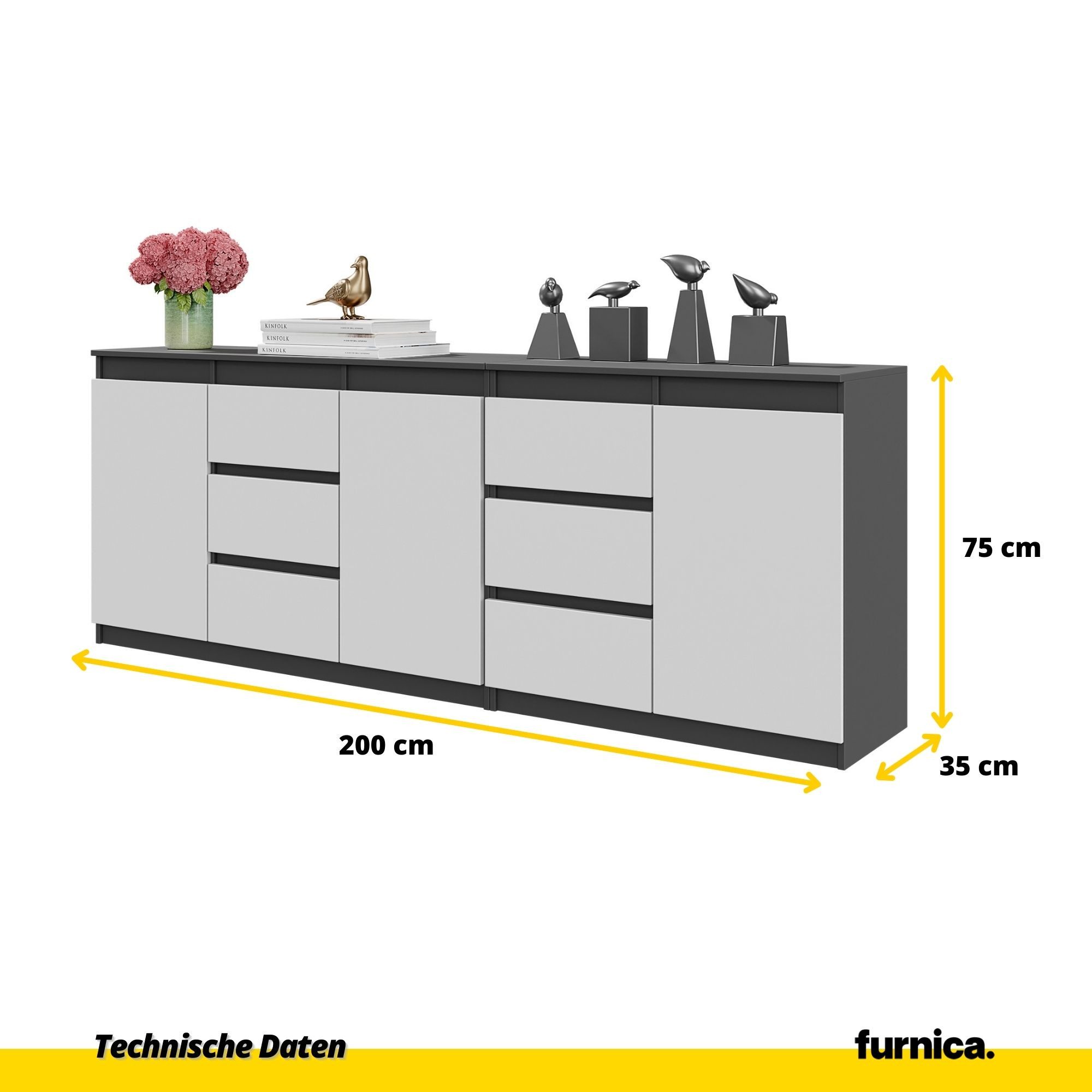 Furnica Kommode MIKEL, 6 Schubladen und 3 Türen - Anthrazit Grau H75cm B200cm T35cm