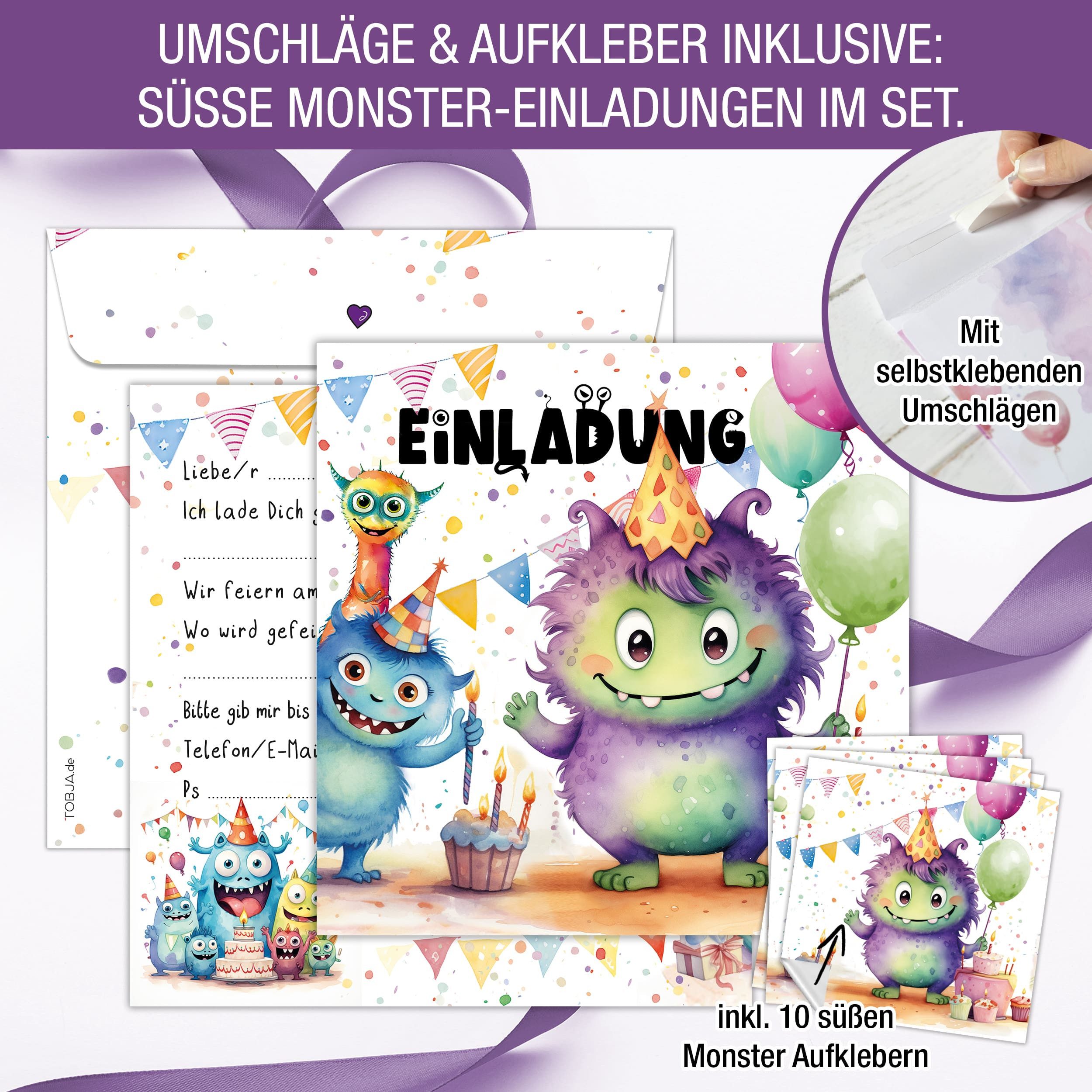 TOBJA Einladungskarten 10 Einladungskarten Monste inkl Umschläge und Sticker, Kindergeburtstag Junge Geburtstag Einladung Kinder