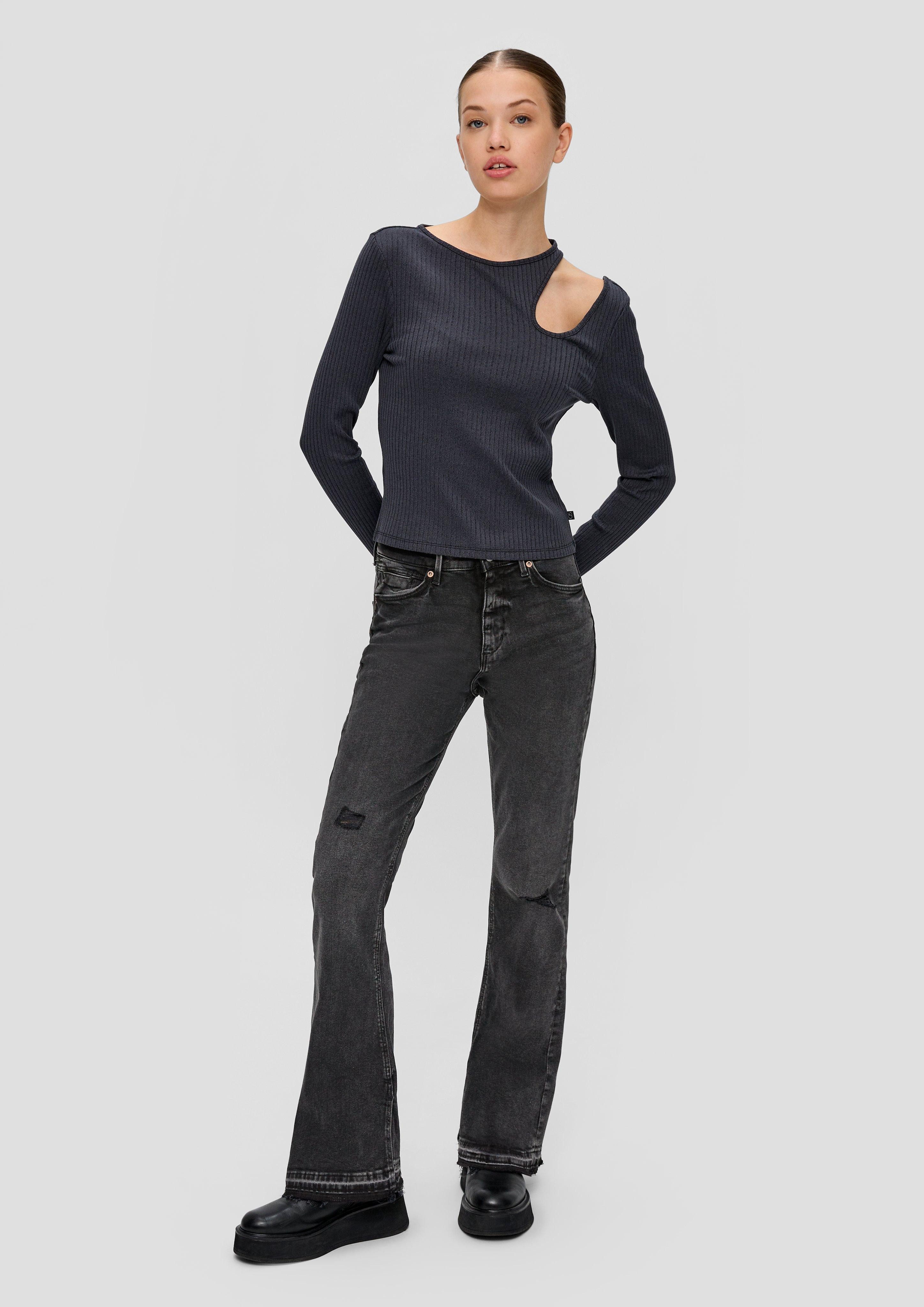 QS 5-Pocket-Jeans Jeans Reena / Slim Fit / High Rise / Flared Leg Waschung, Destroyes