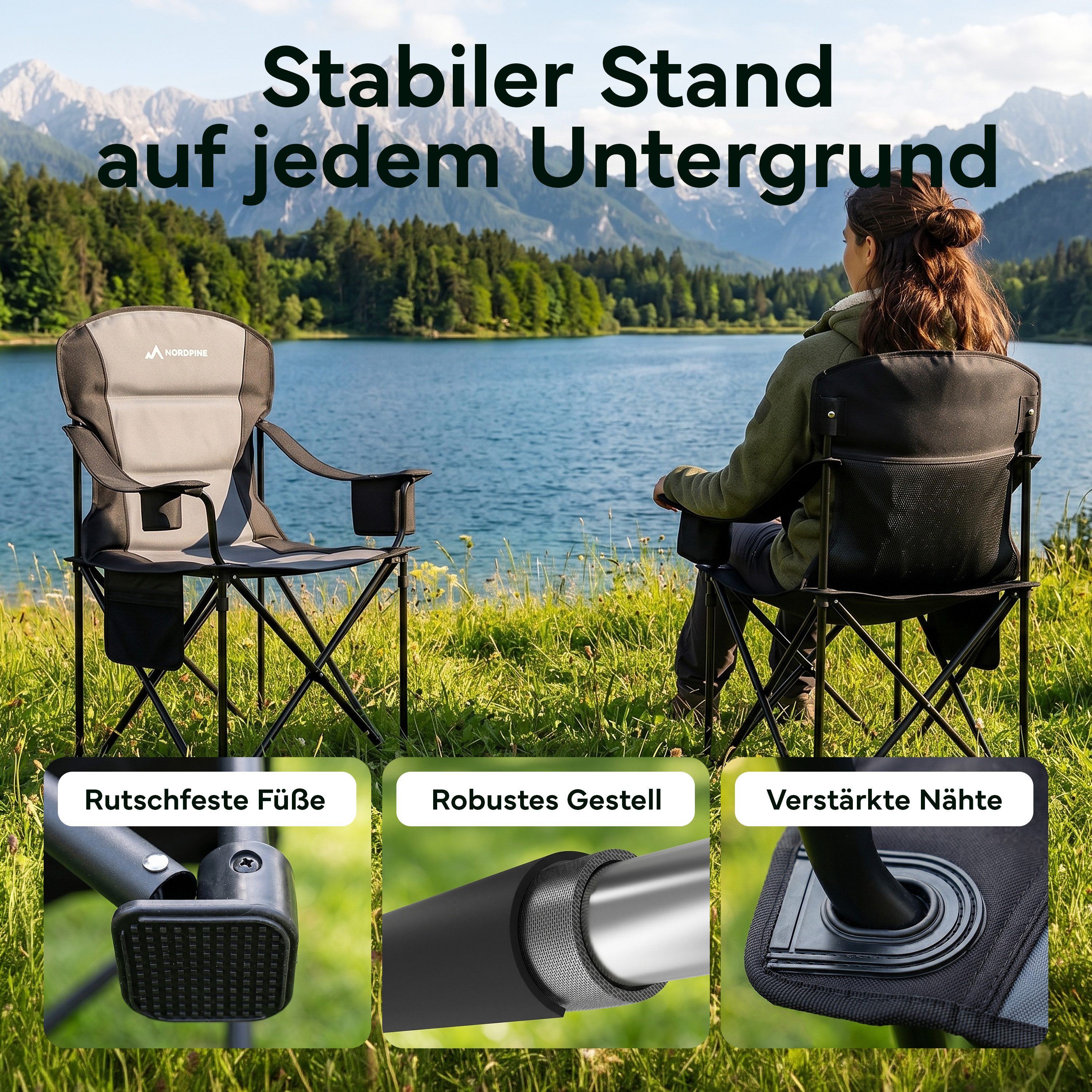NEOLYMP Campingstuhl Faltbarer Campingstuhl bis 250 kg mit Kühltasche & Getränkehalter